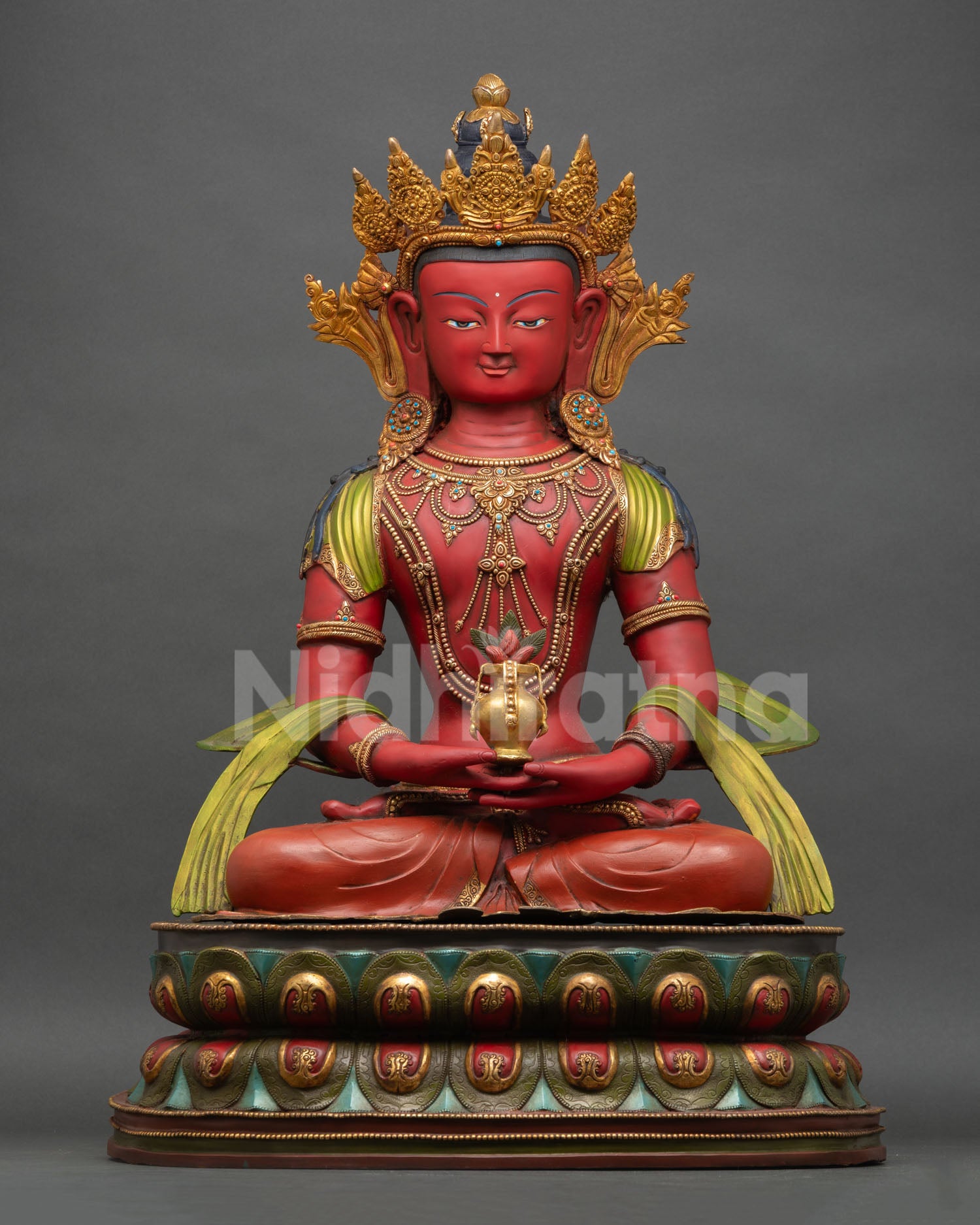 Front view of Amitayus statue handcrafted copper sculpture from Nepal with gold gilded details and five jewel crown representing Five Dhyani Buddhas