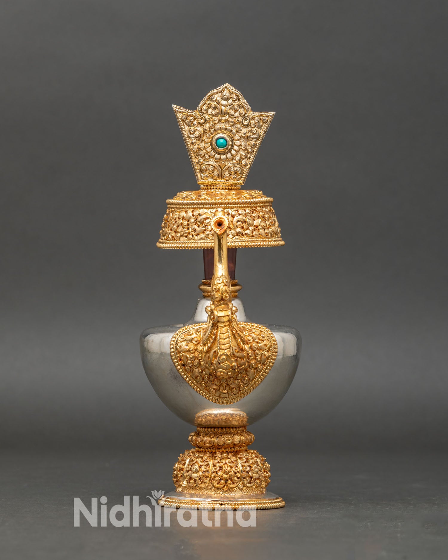 front view bhumba offering vase copper alloy gold silver plated ritual vessel, spout nepal buddhist altar