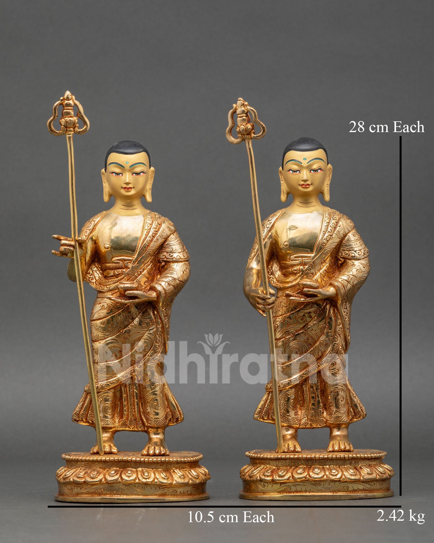 Front view of Buddha two disciples statue, Shariputra, Maudgalyayana gold copper Nepal set