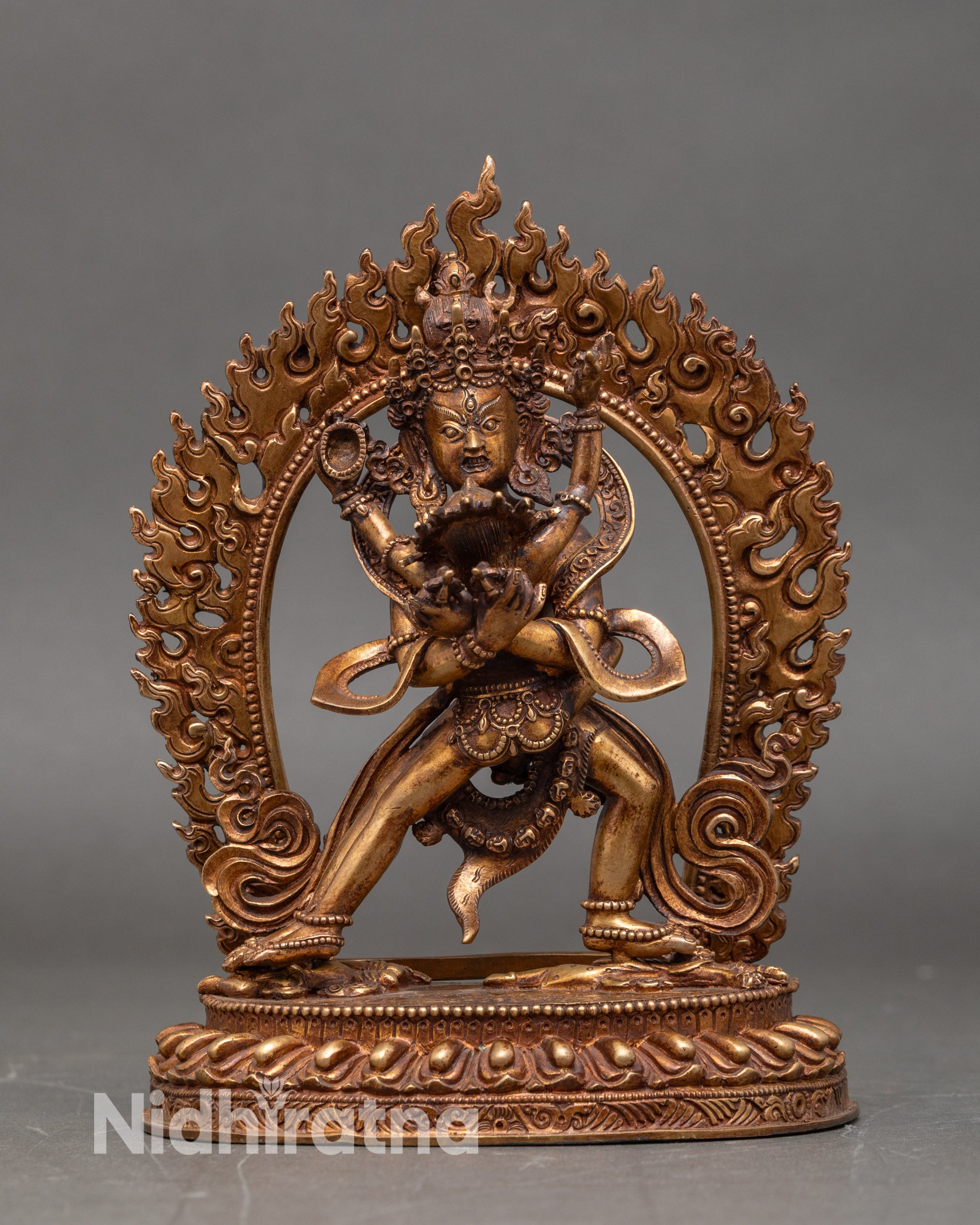 Front view of Chakrasamvara Yab-Yum statue, gold fire-gilded copper, handmade in Nepal