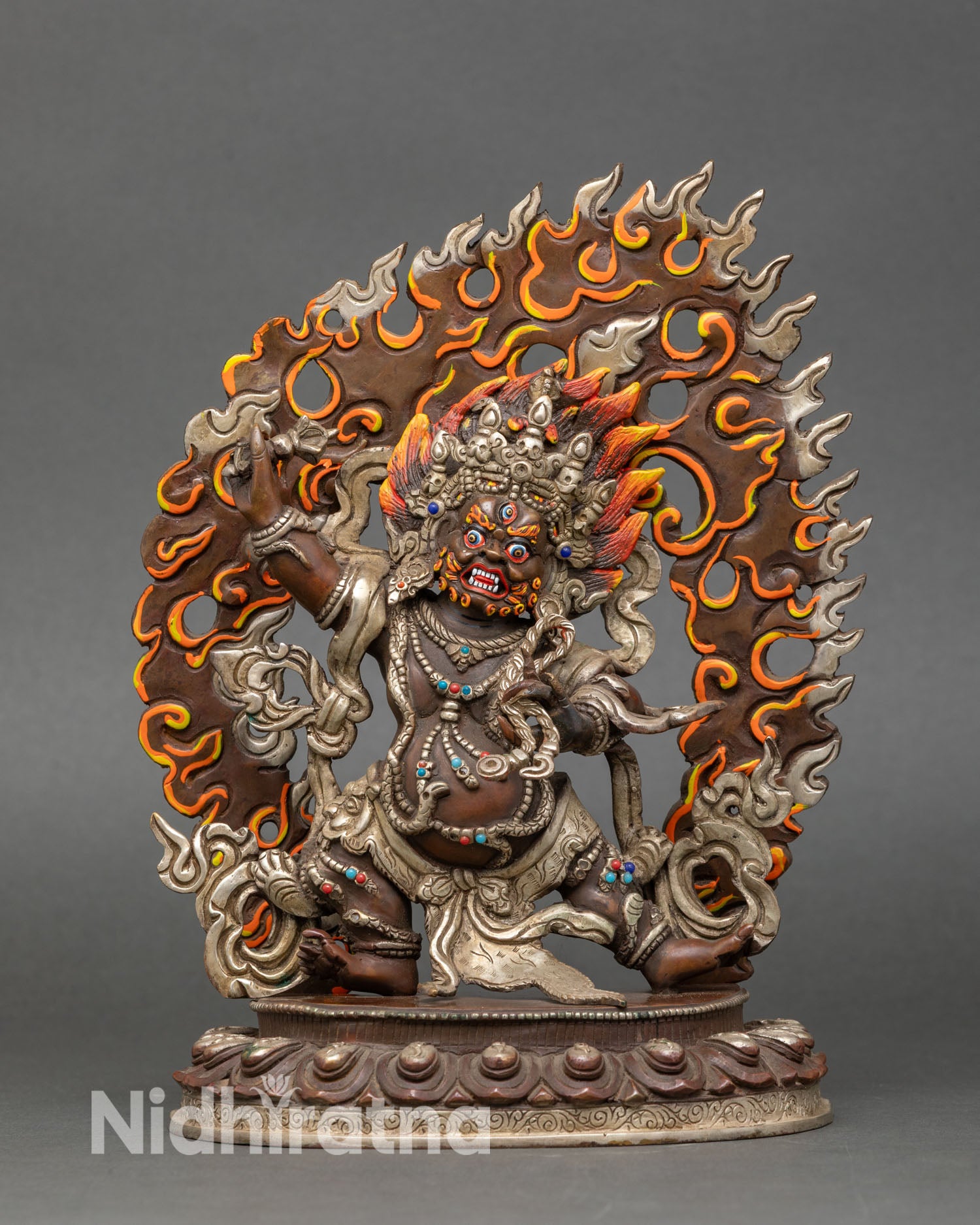 Front view Chana Dorje Vajrapani statue dancing pose flame halo oxidized copper silver plated