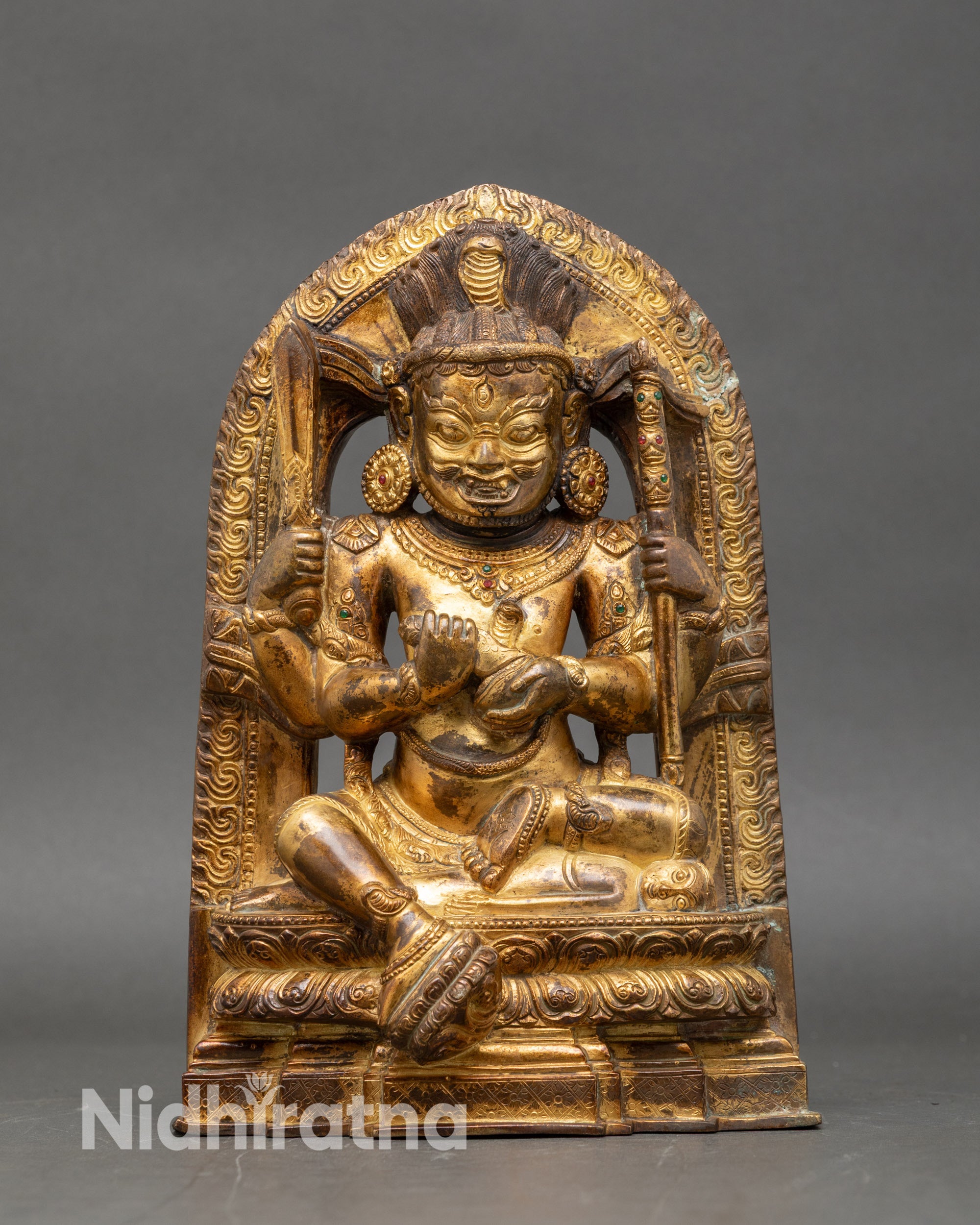 front-view chaturbhuja mahakala statue copper gold fire-gilded sacred tibetan art