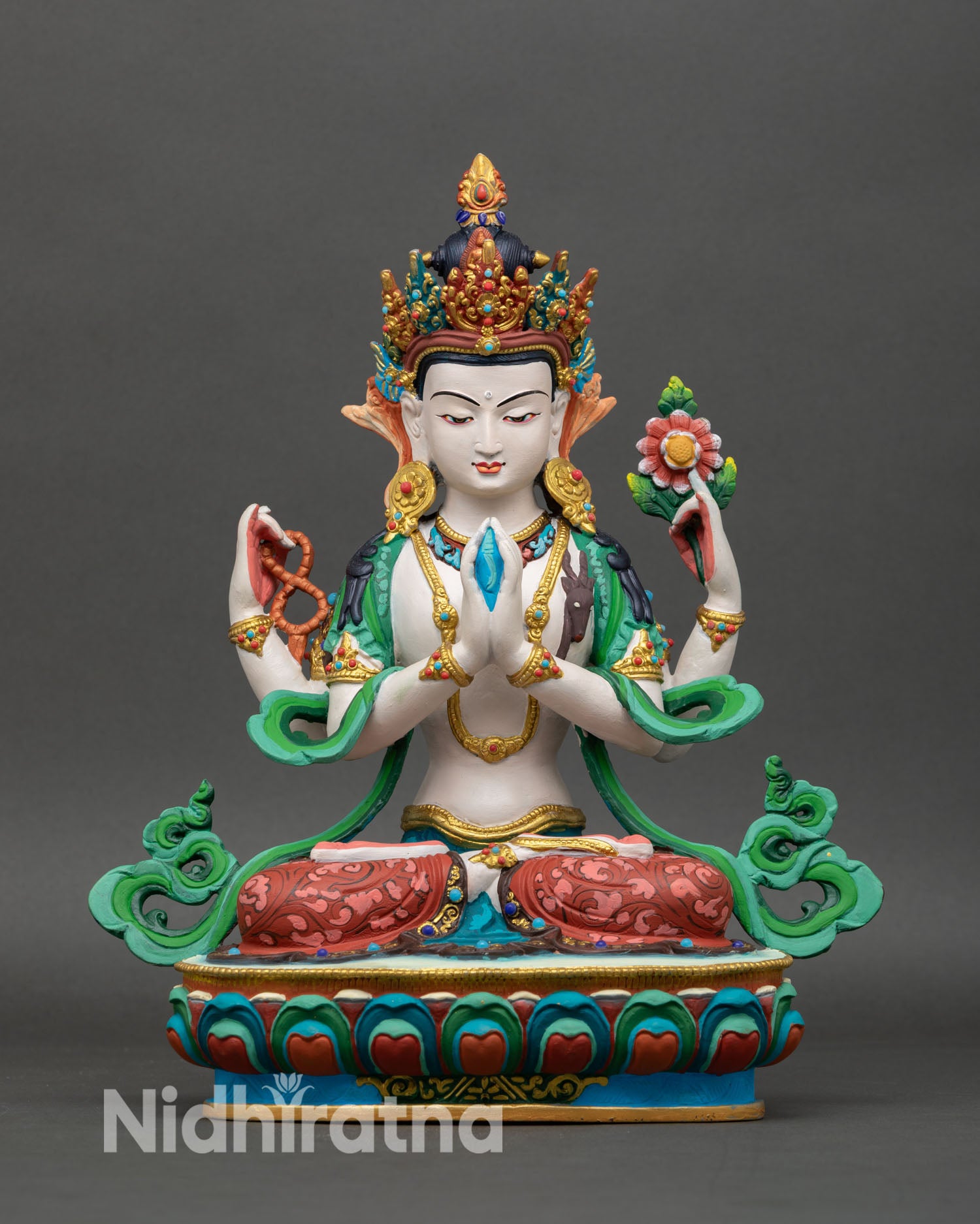 Front view of Chenrezig statue, handcrafted in Nepal, copper lost-wax technique, hand-painted Buddhist compassion deity sculpture