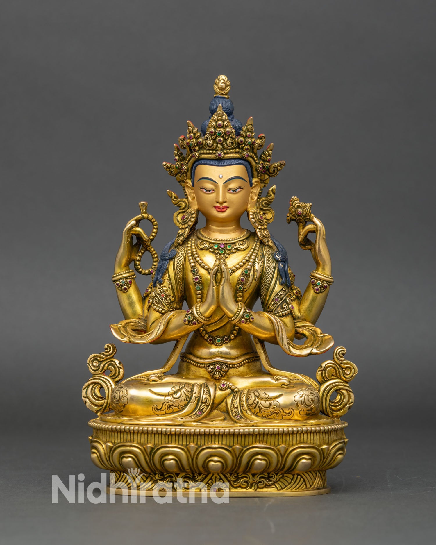 front view chenrezig statue, copper and 24k gold, handcrafted nepalese bodhisattva