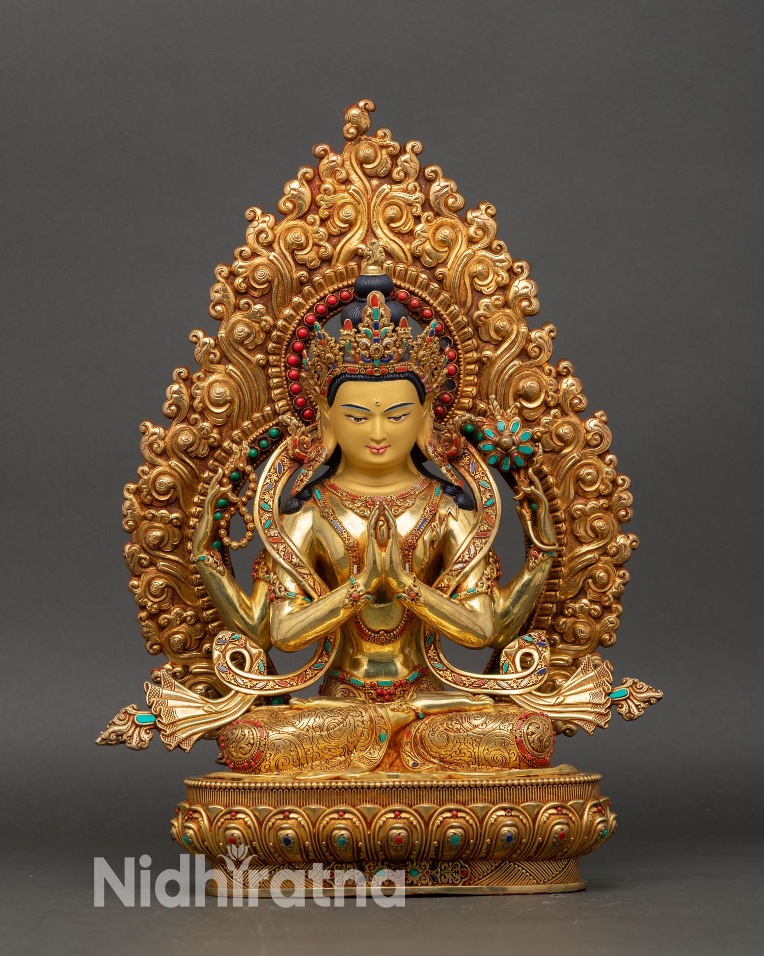 Front view Chenrezig statue handcrafted copper and gold Bodhisattva