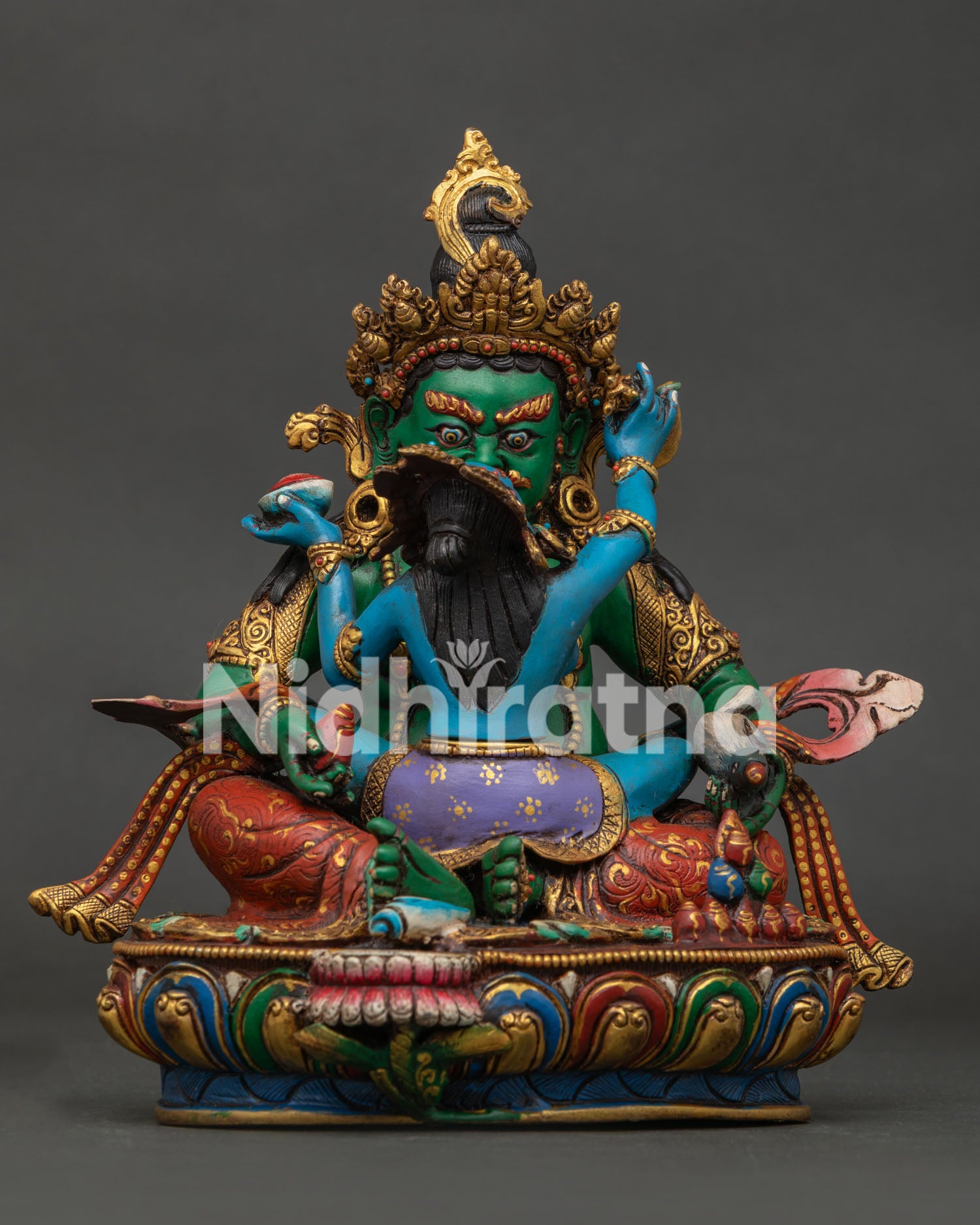 front view displays the Green Dzambhala Yab-Yum statue seated on a lotus base.