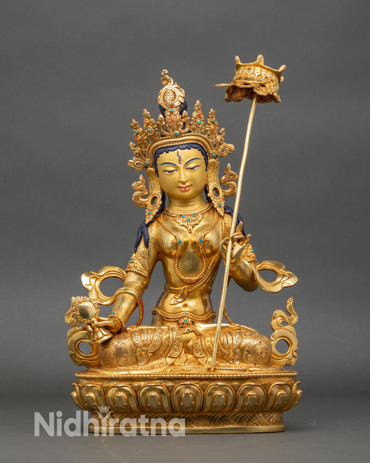 Front view Dukar Sitatapatra statue, White Umbrella Goddess in Nepalese gold gilded copper