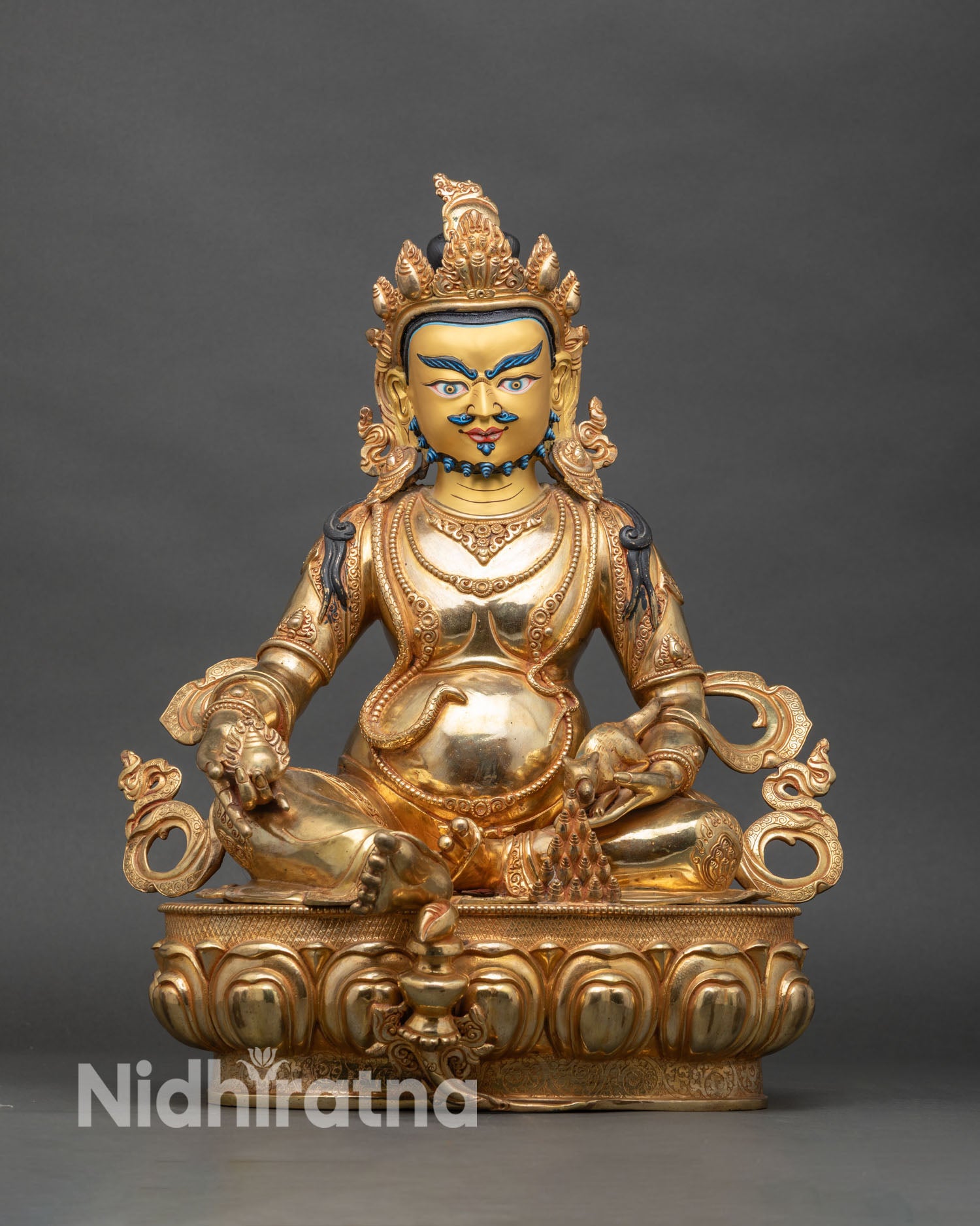 Front view of Dzambhala Statue, copper with 24K gold fire-gilding, Nepalese craftsmanship