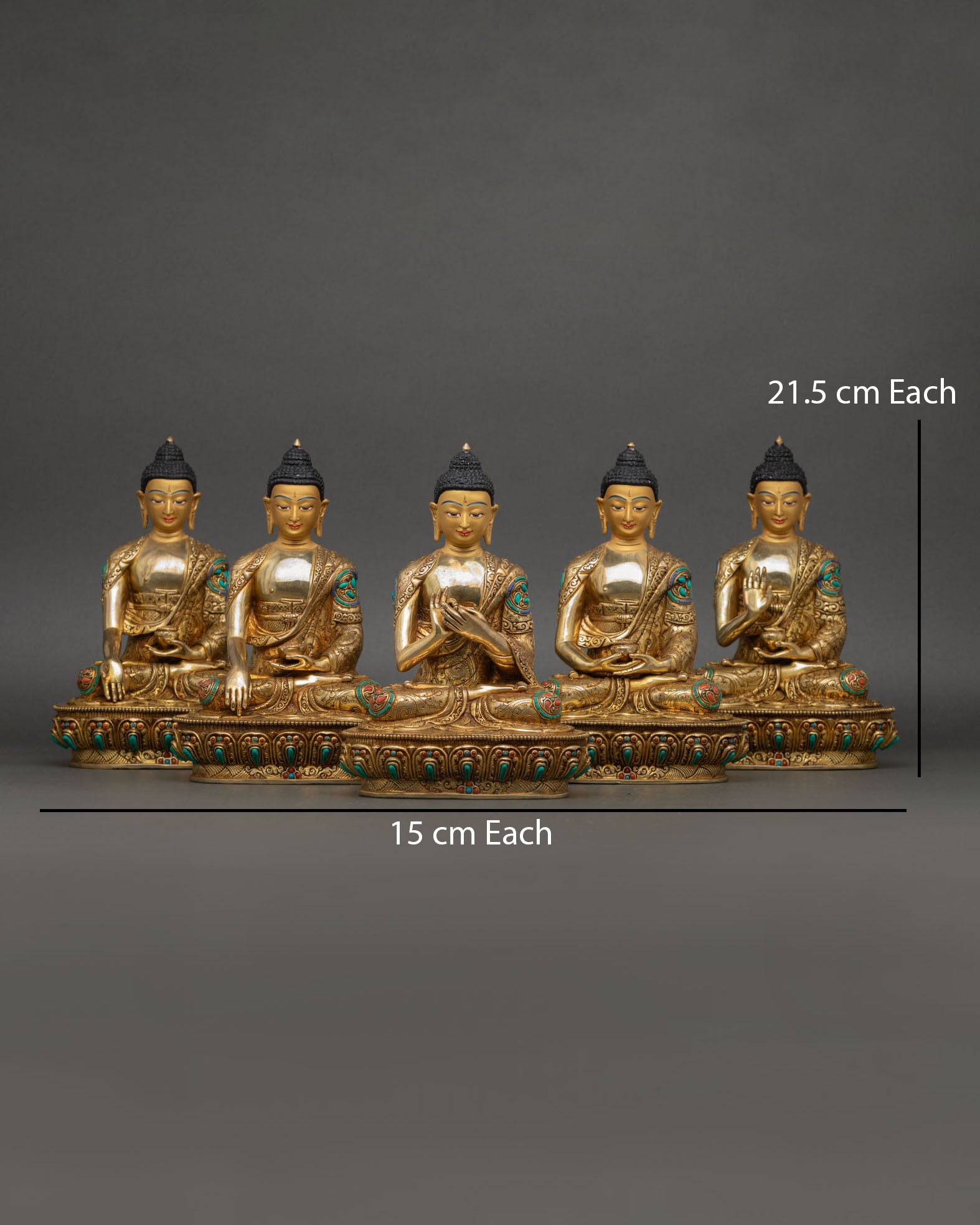Front view Five Dhyani Buddha statue set copper gold painted faces semi precious stones lotus pedestals Nepal handcrafted Buddhist art
