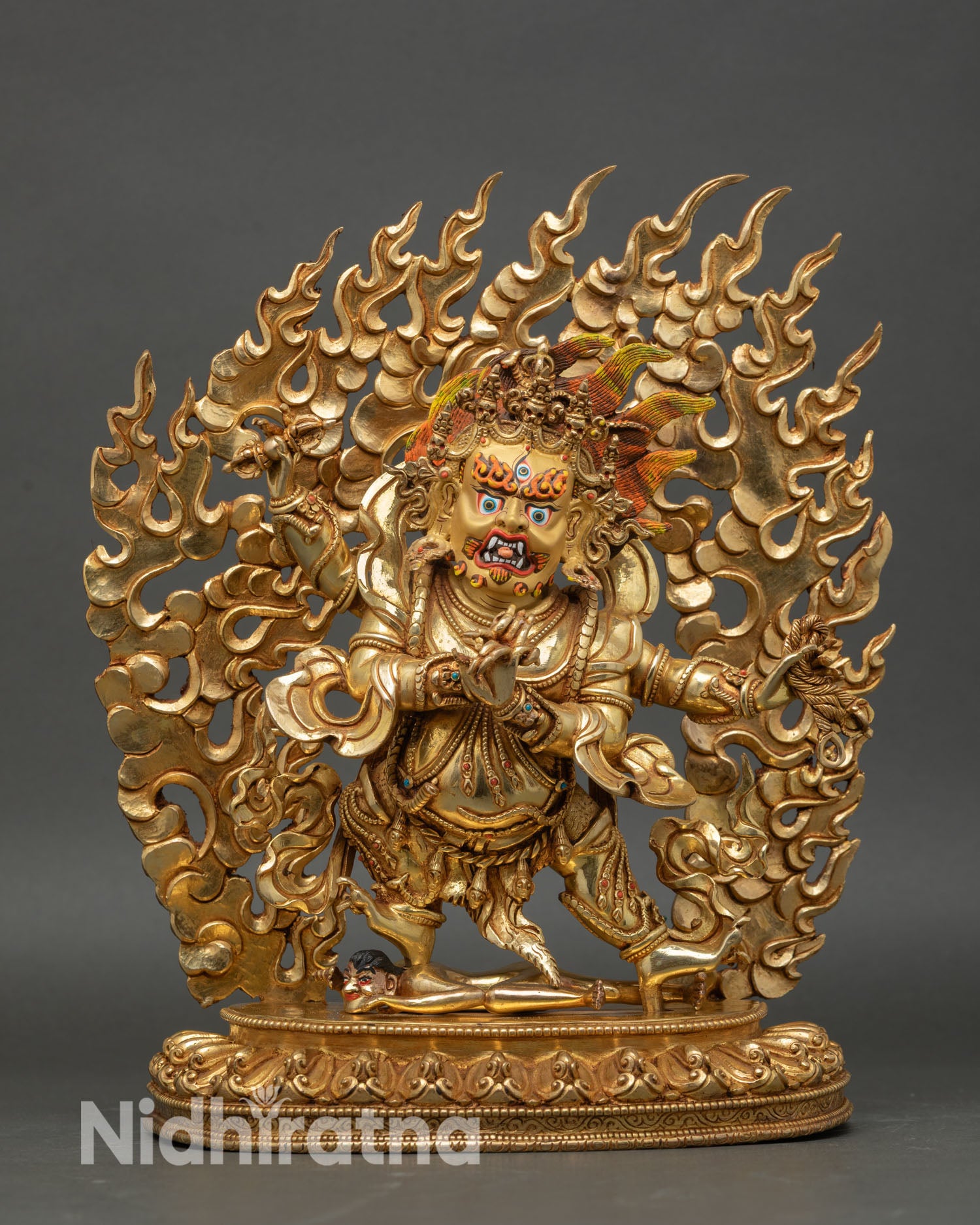 Front view of Four-Armed Vajrapani statue, handcrafted copper 24K gold gilded Buddhist protector deity