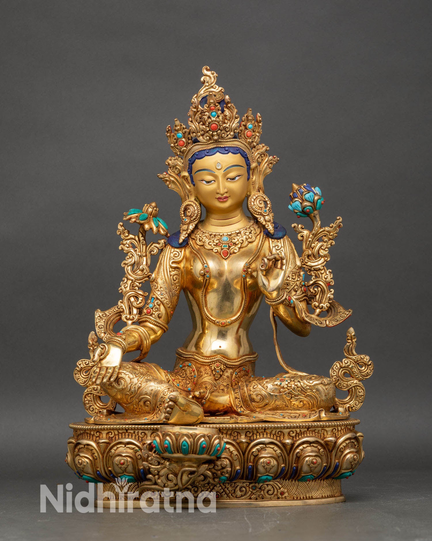 Front view Green Tara female Buddha statue, Nepalese copper with gold gilding