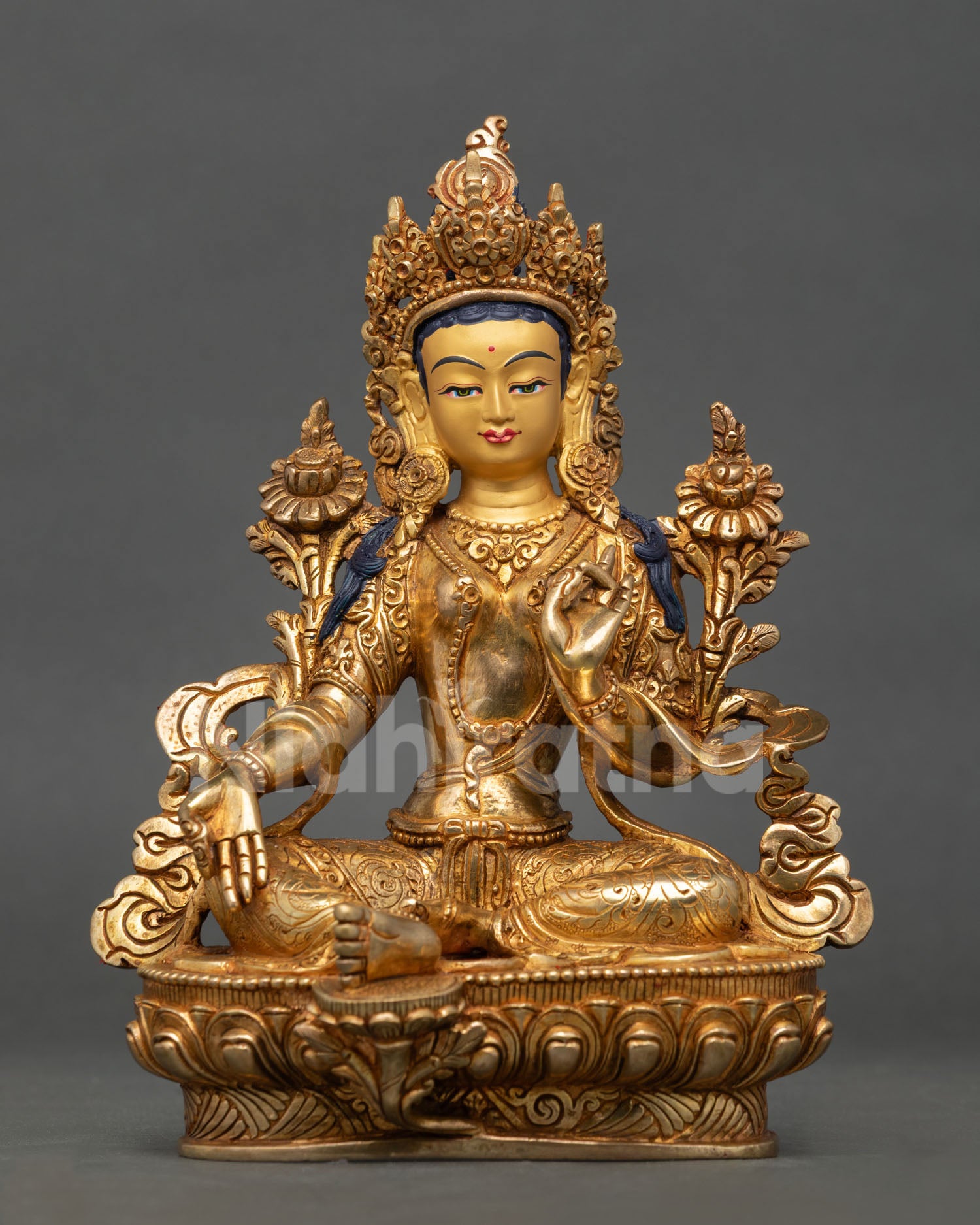 Front View of Green Tara Statue, 24K Gold Gilded Copper Buddhist Goddess from Nepal