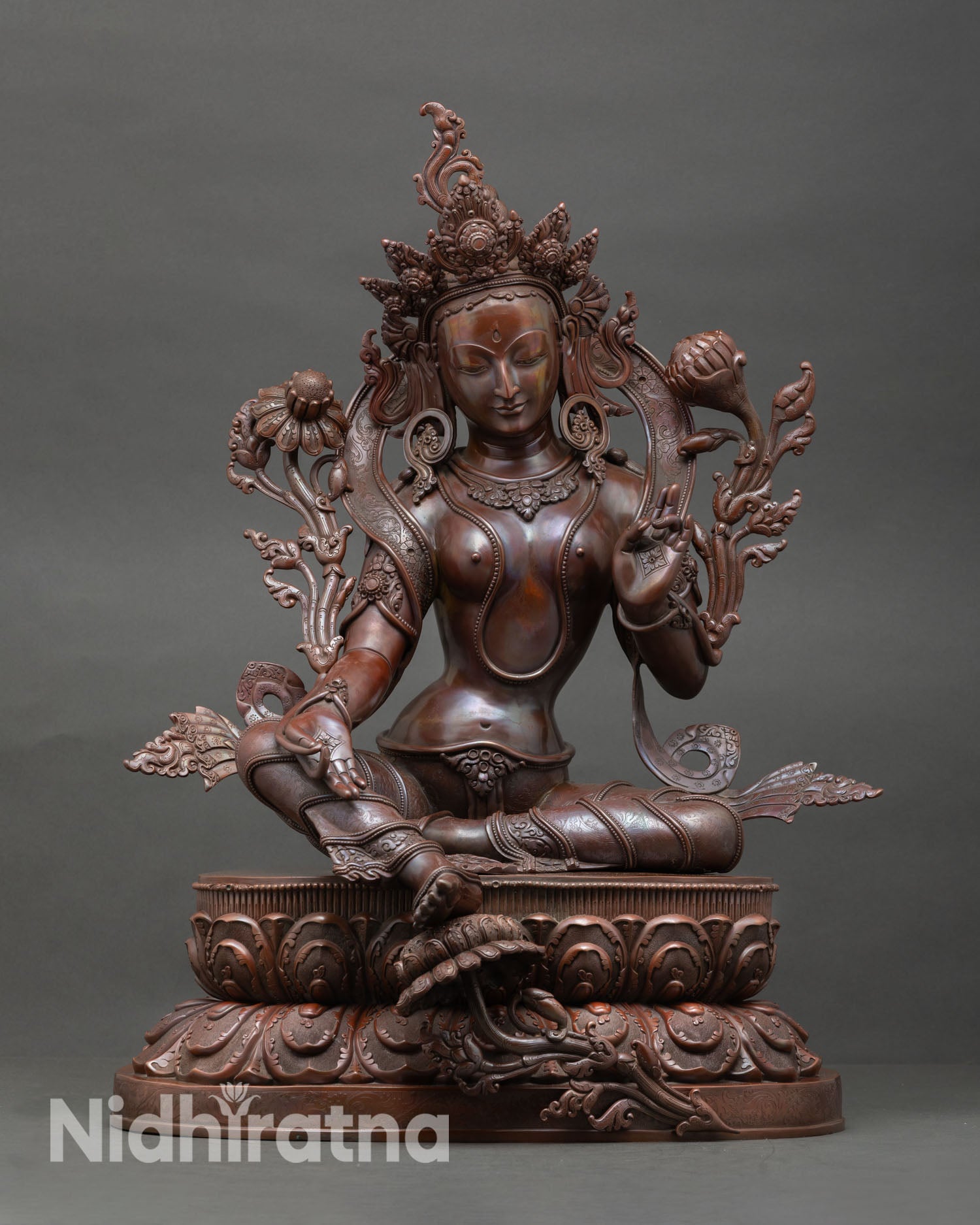 Front view of Green Tara statue copper oxidized finish, handmade Buddhist goddess sculpture for shrine decor meditation altar
