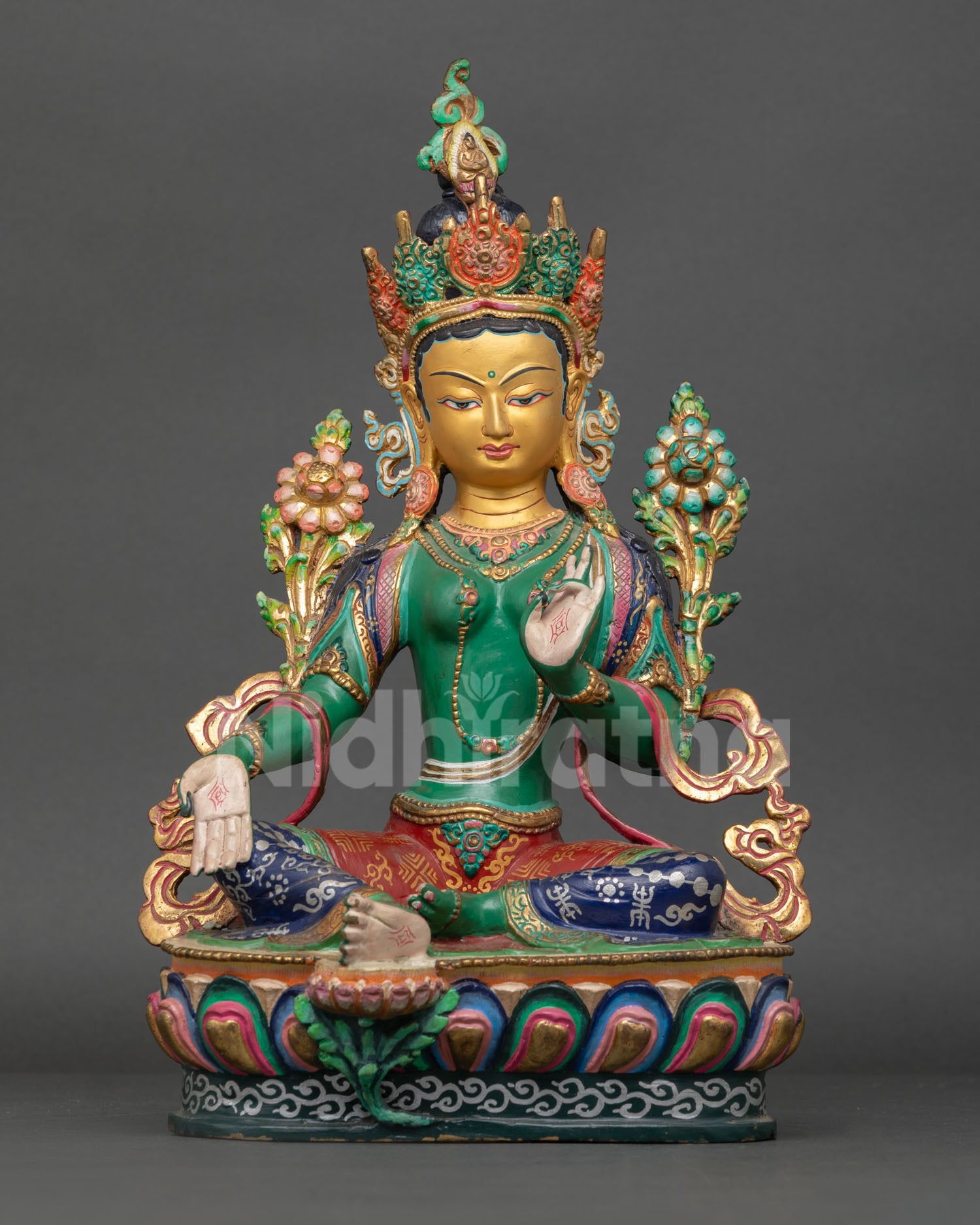 Front view Green Tara statue for meditation with 24K gold painted face and copper craftsmanship