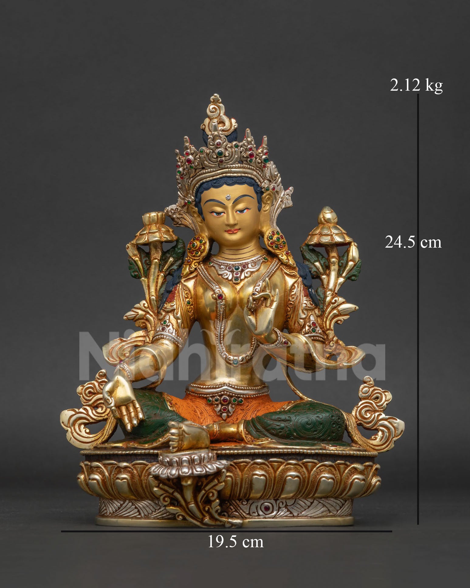 front view green tara statue gold gilded silver plated copper nepal