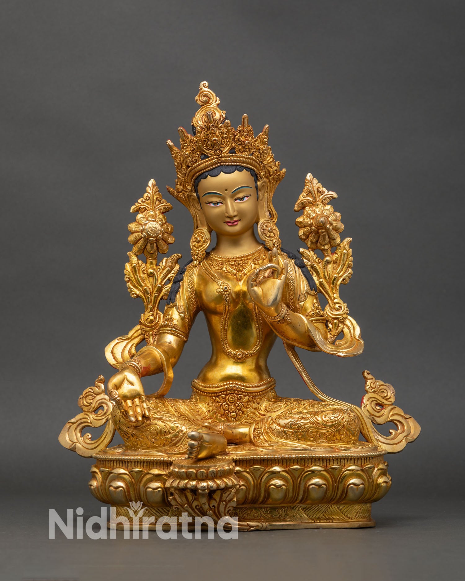 Front view Green Tara statue handmade copper gold painted lotus pedestal Buddhist art Nepal