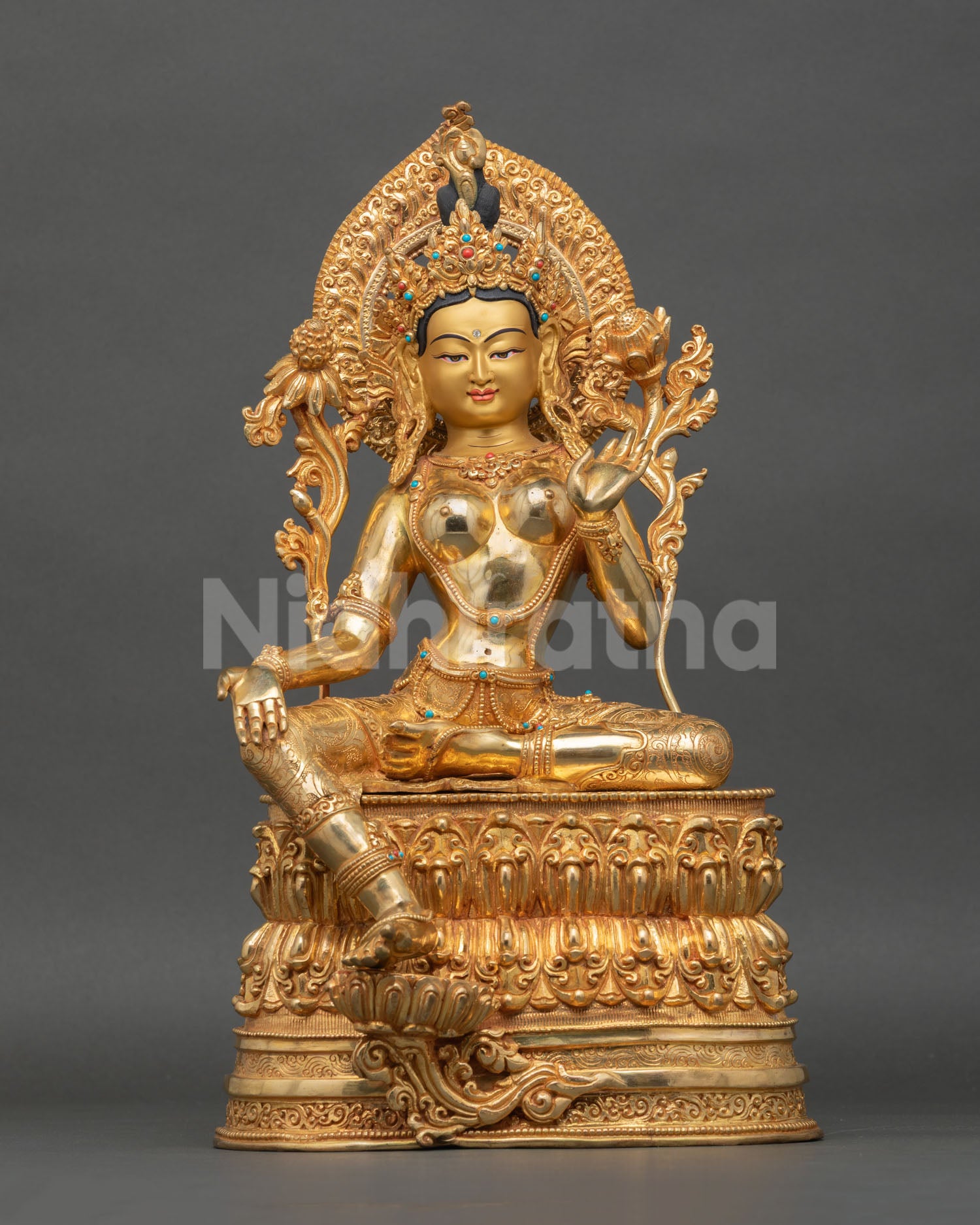Front view of Green Tara statue, handmade in Nepal by Newari artist for meditation and altar decor
