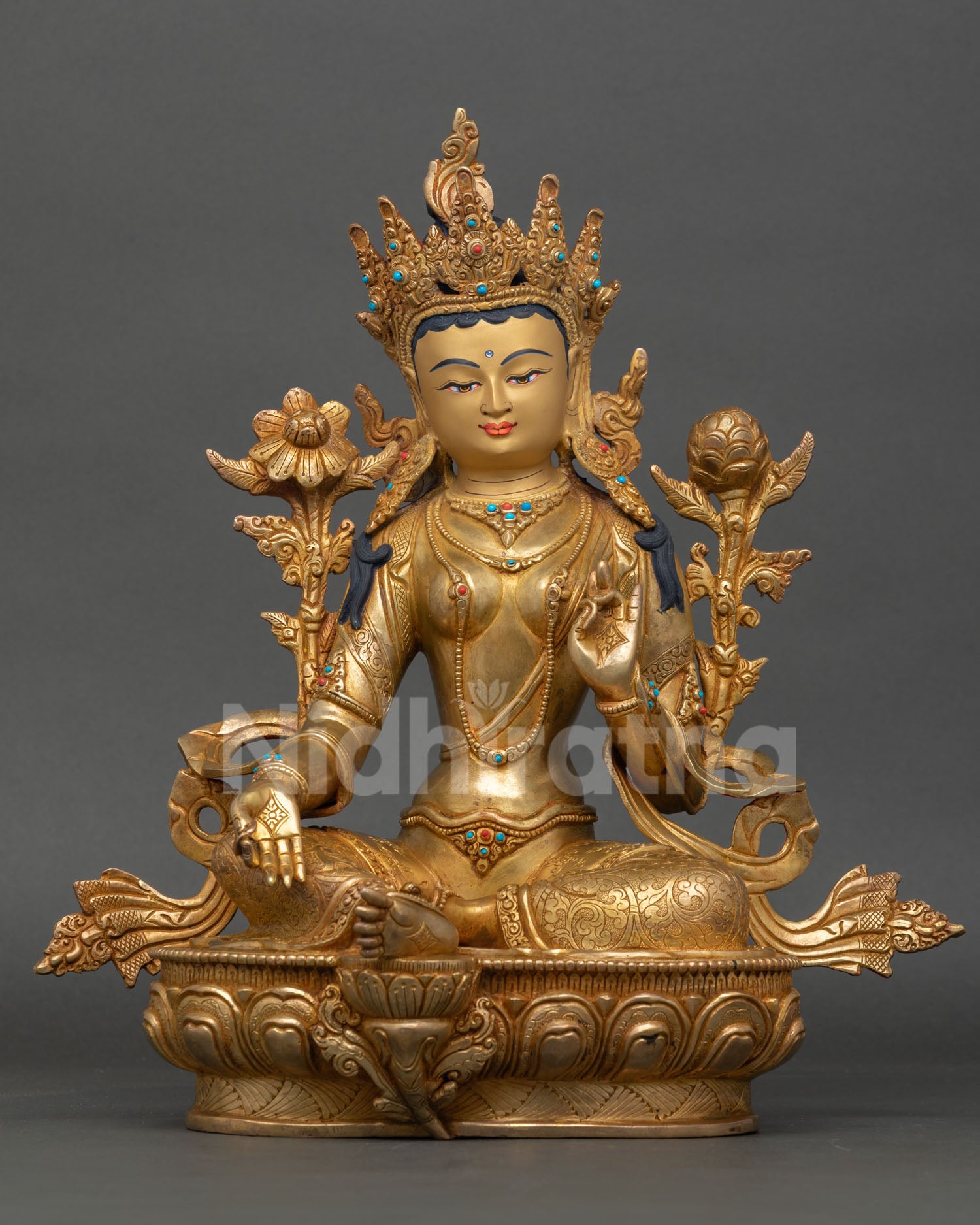 Front view of Green Tara Statue handmade by a Newari artist from Nepal, copper, 24k gold gilded, semi-precious stones