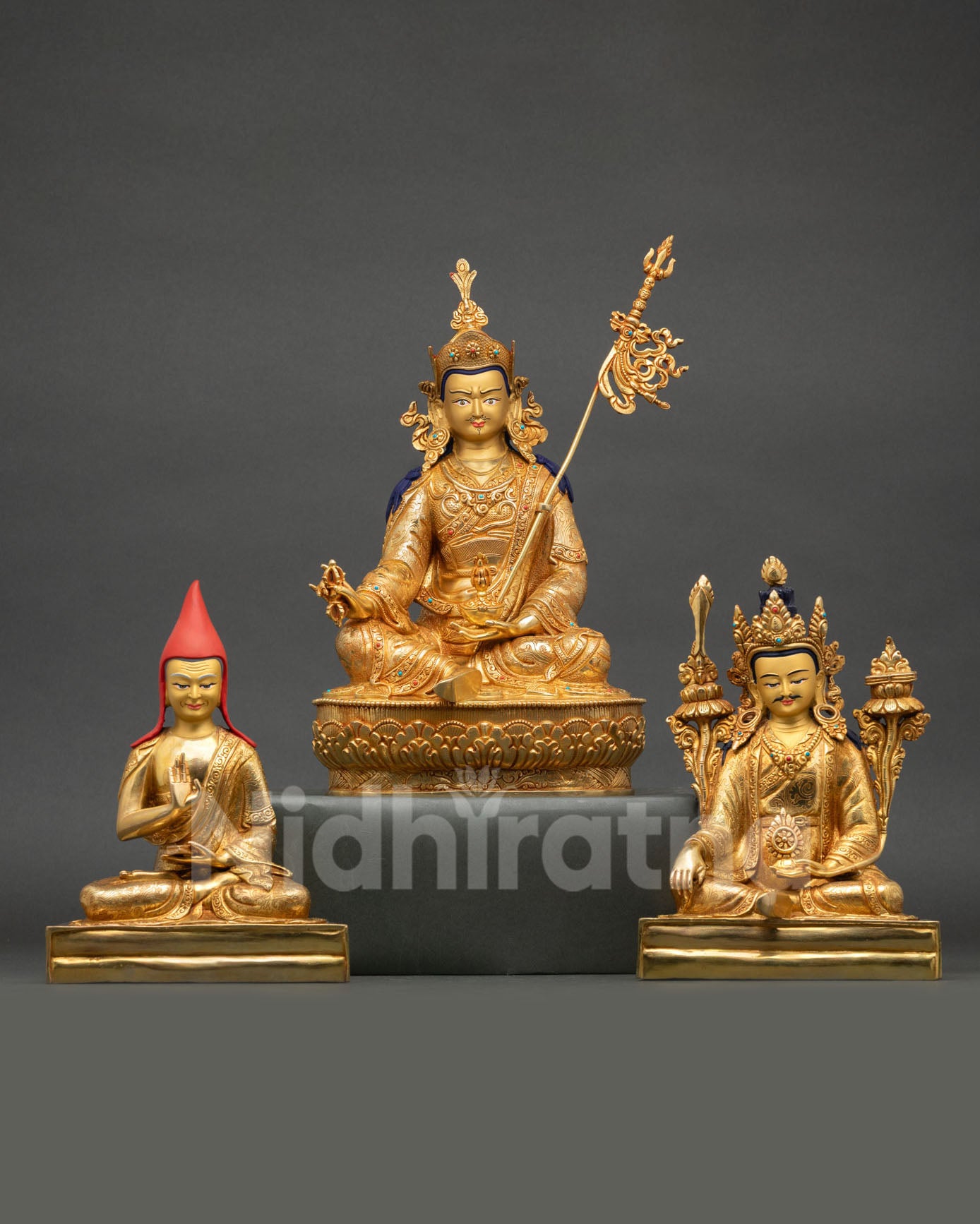 Front view of Guru Rinpoche Santaraksita and Trisong Detsen statue set handcrafted in Nepal copper with 24K gold gilding and semi precious stones for Buddhist altar decor