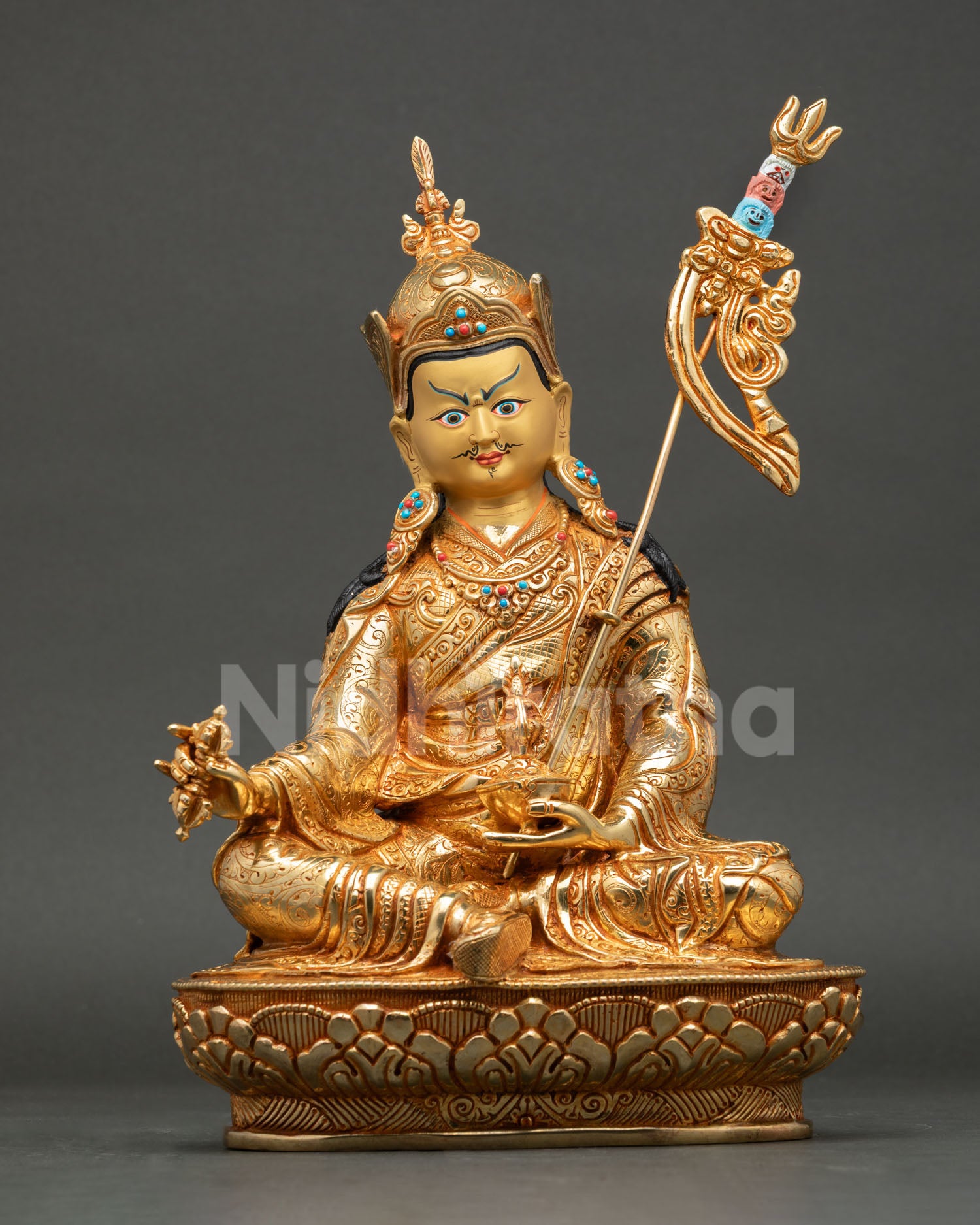 Front view of Guru Rinpoche statue, 24K gold fire gilded, Buddhist altar decor