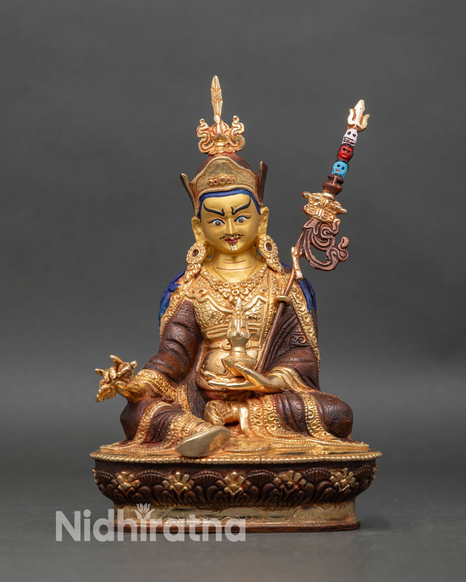 Front view Guru Rinpoche statue gold copper Padmasambhava Himalayan Buddhist art Nepal