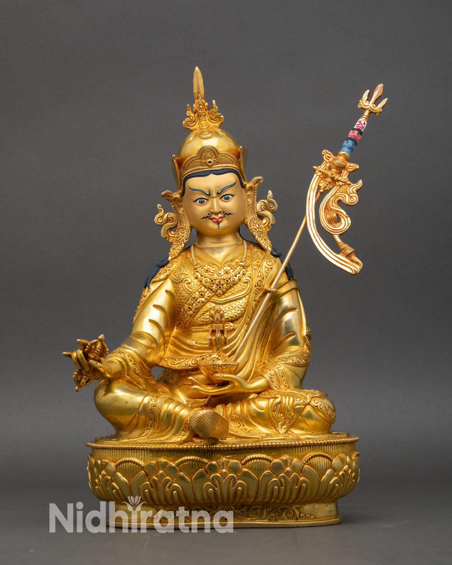 Front view of Guru Rinpoche Statue, handcrafted copper and gold Nepalese Buddhist art