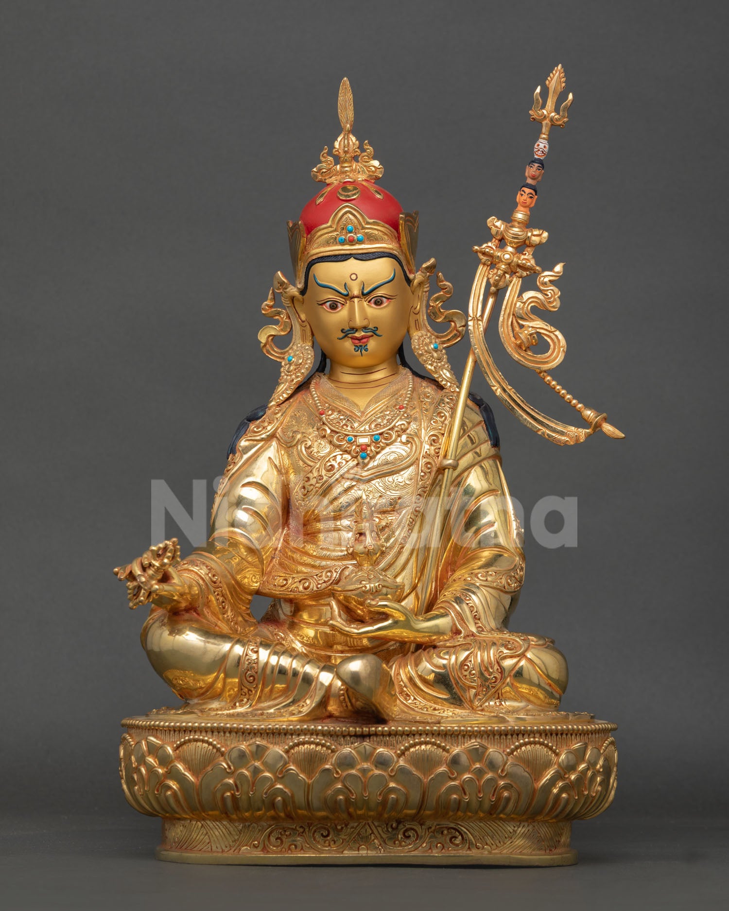 front view guru rinpoche statue, handcrafted copper padmasambhava sculpture nepal