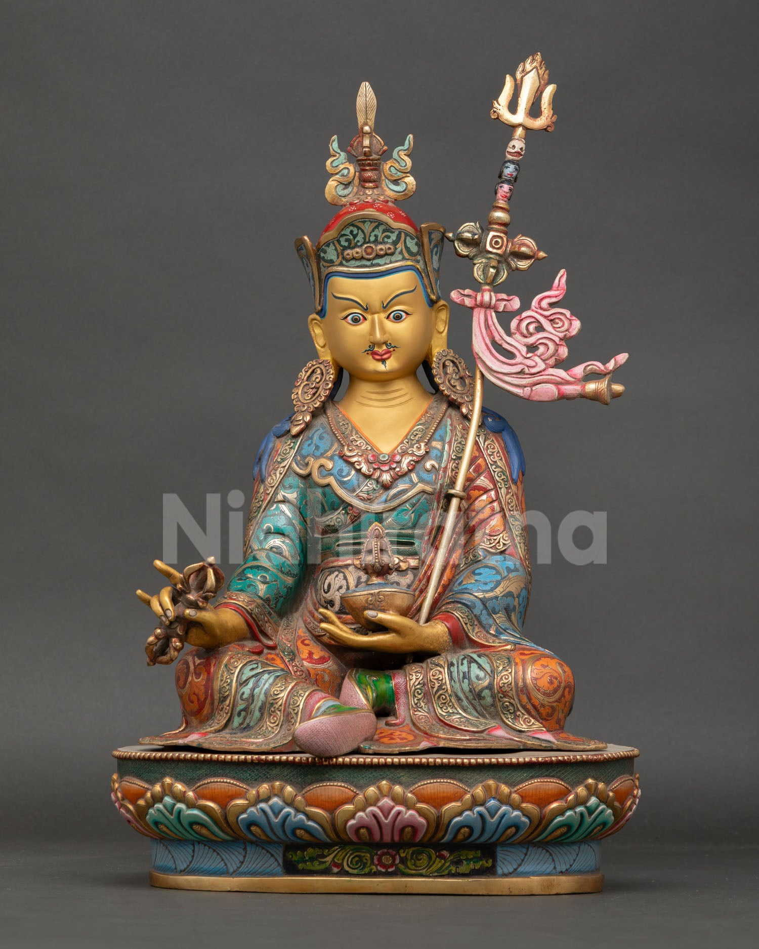 Front view of Guru Rinpoche Statue, handmade by Newari artist Nepal copper 24k gold face lotus throne