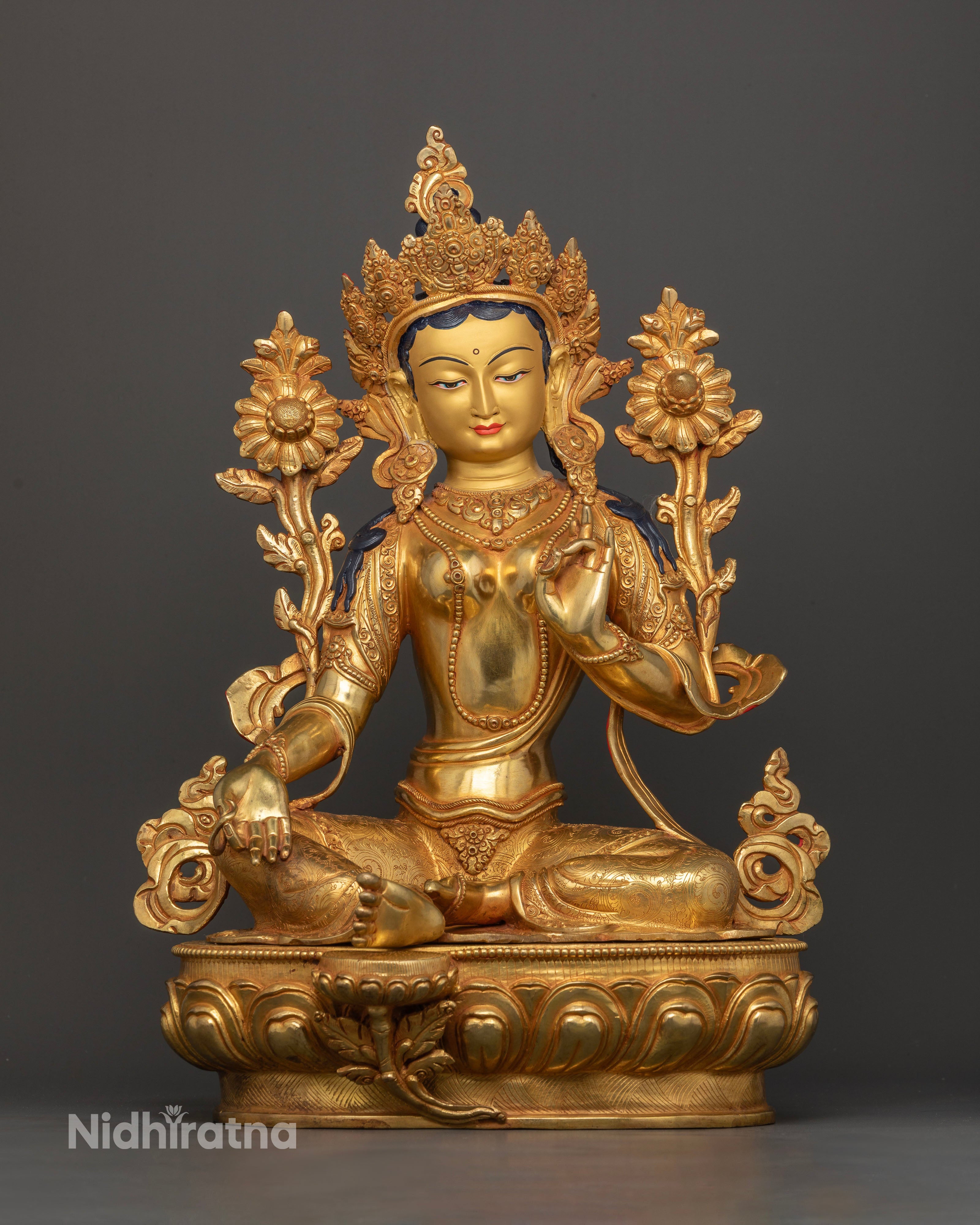 front view handcrafted Green Tara statue Nepal copper 24K gold fire gilded lotus seat Buddhist goddess