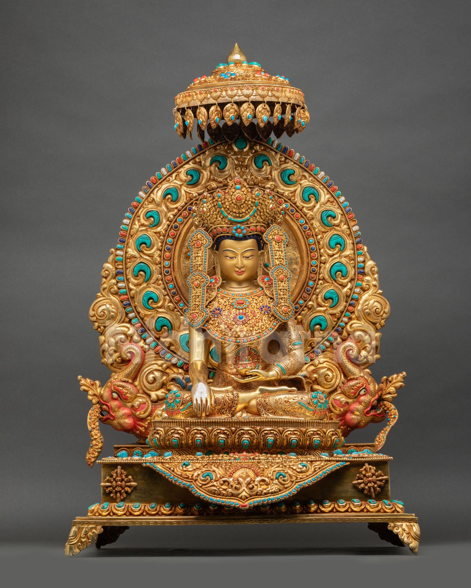 Front view of handcrafted Jowo Rinpoche Shakyamuni Buddha statue, copper alloy, gold gilding, fire-gilded base, ornate throne