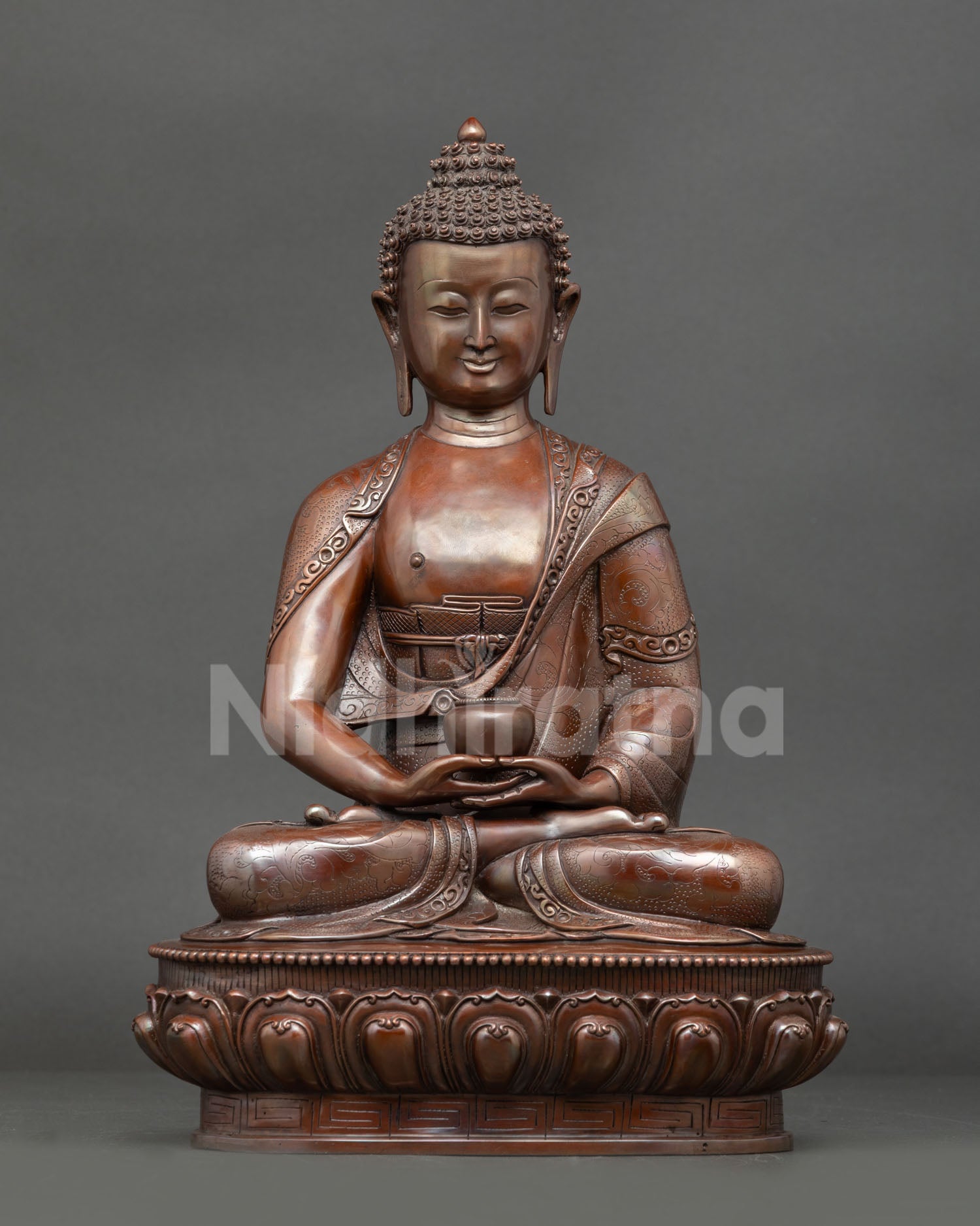 Front view of Handmade Amitabha Buddha Statue in oxidized copper on lotus throne from Nepal