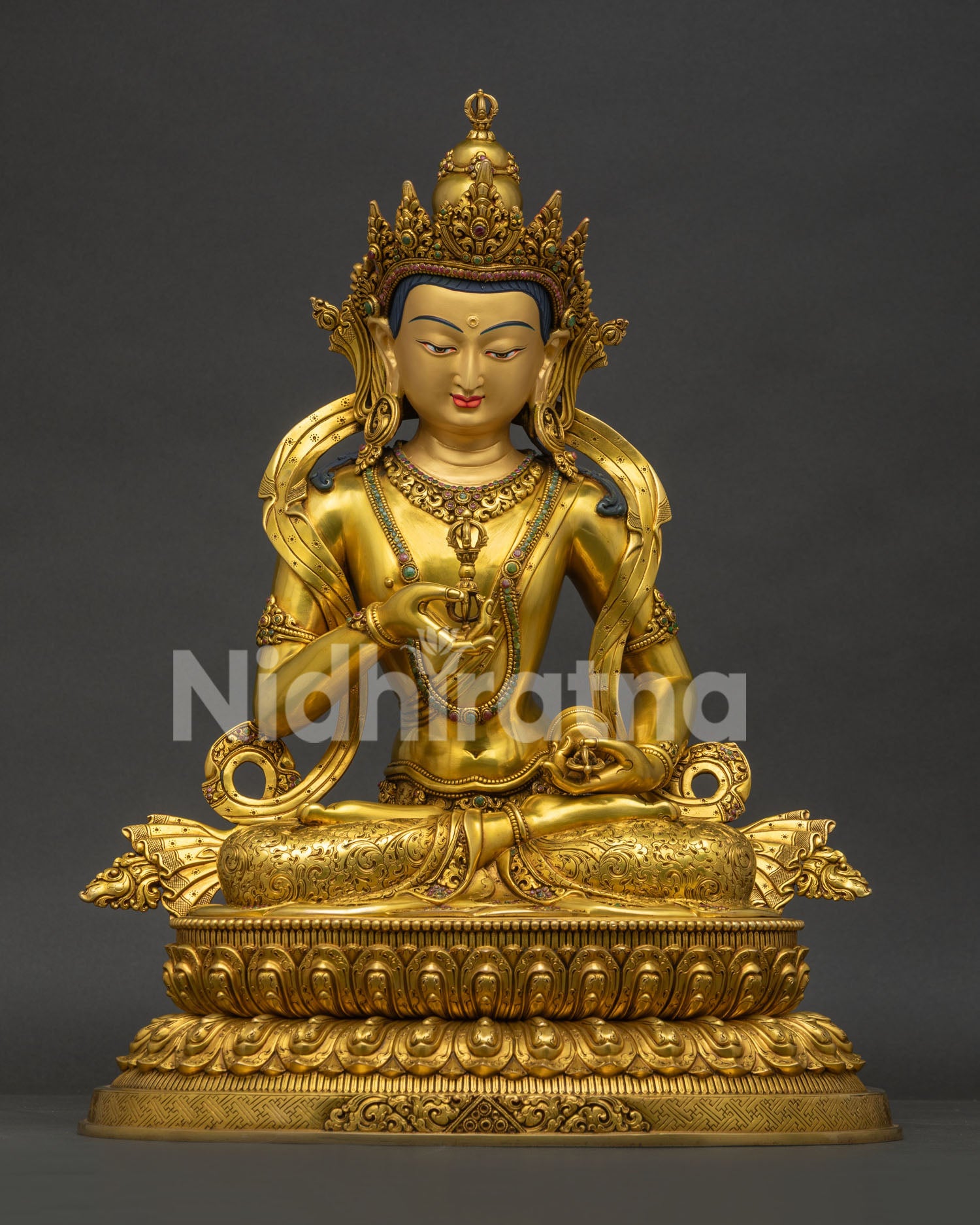 Handcrafted Vajrasattva Statue with Gold Fire Gilding on Lotus Throne from Nepal
