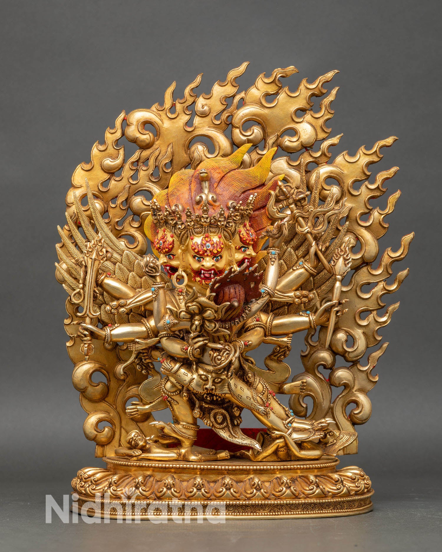 Front view of hayagriva statue handcrafted in copper with gold gilding as a wrathful deity