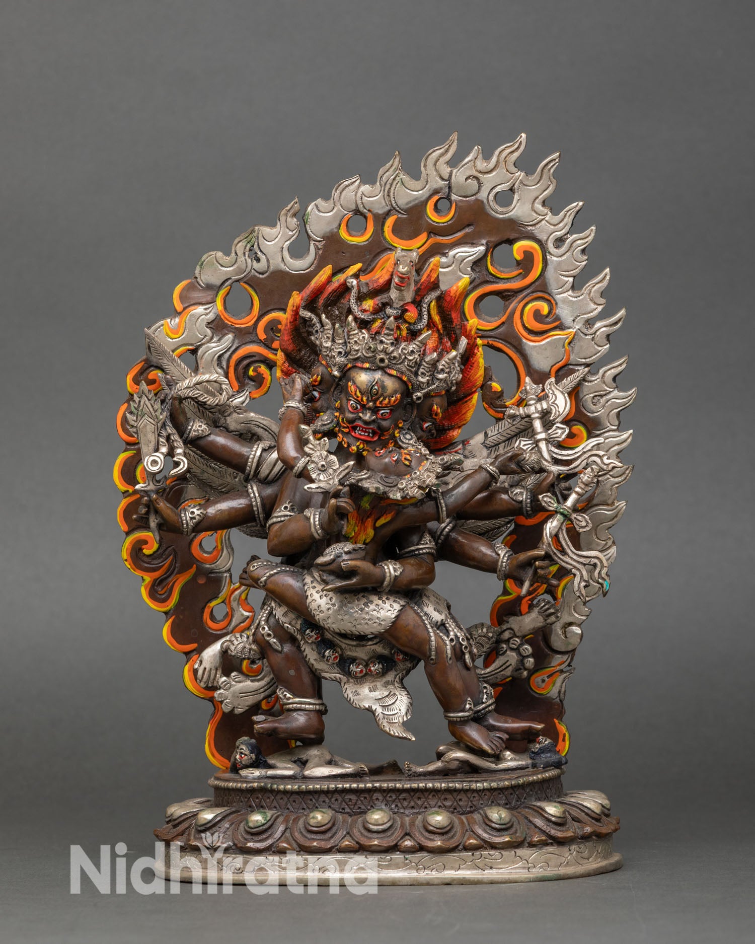 Front view Hayagriva statue, three faces, oxidized silver plated Himalayan protector
