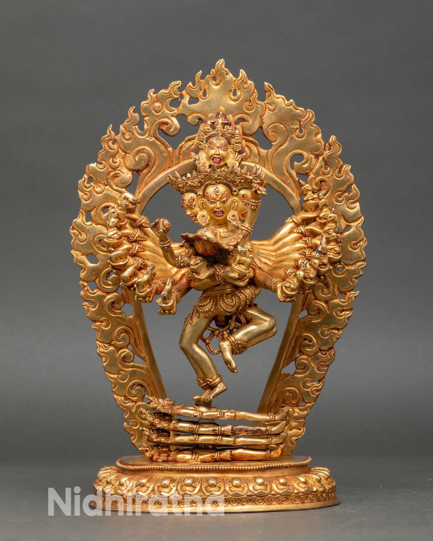 Front view of Hevajra statue handcrafted copper sculpture from Patan, Nepal, lost wax technique, Buddhist deity in union with consort for altar and meditation