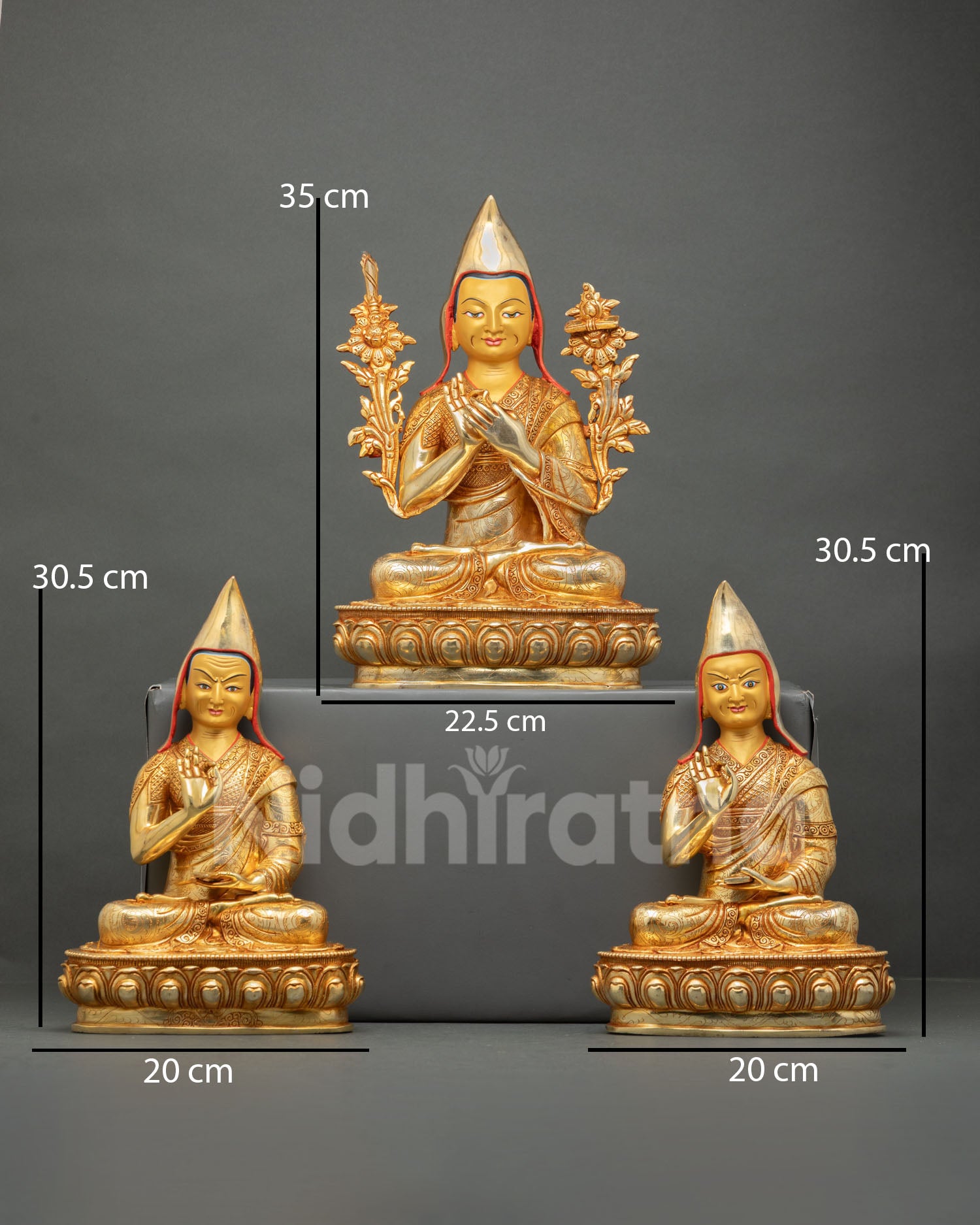 Front view of Je Tsongkhapa set statue with two disciples, handmade Nepal, lost wax casting, gold gilded faces, pandita hat, Tibetan Buddhist altar sculpture