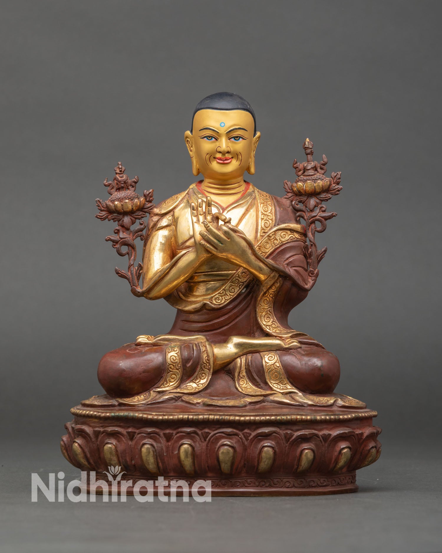 Front view Je Tsongkhapa statue gold painted face copper handmade Nepal