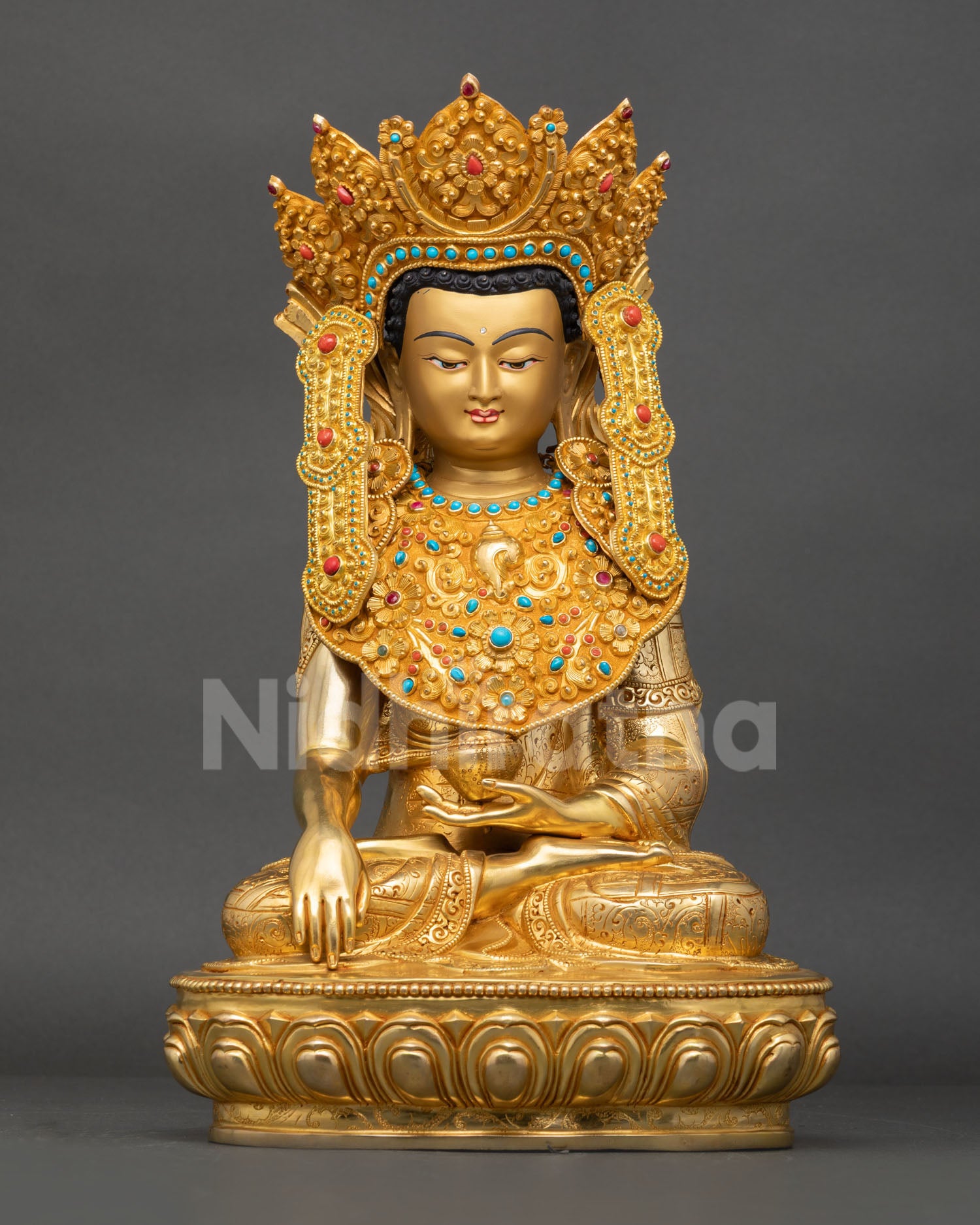 Front view of Jowo Rinpoche Buddha statue, handcrafted in Nepal with 24K gold copper, lost wax casting and lotus pedestal
