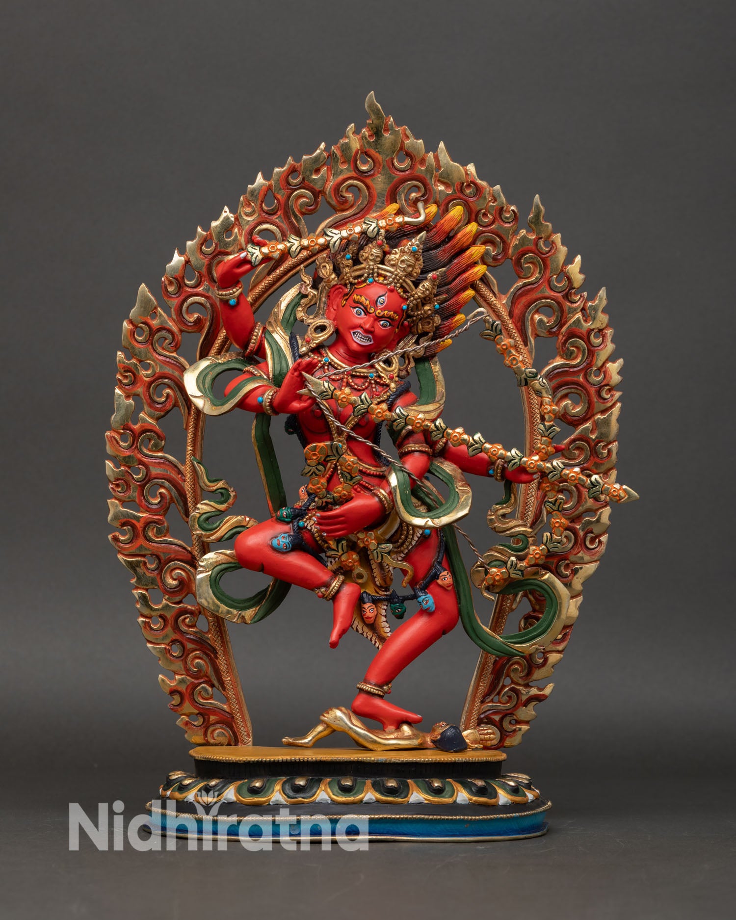 Front view of Kurukulla statue handcrafted in copper using lost wax technique, dakini of attraction and magnetizing energy for altar and meditation