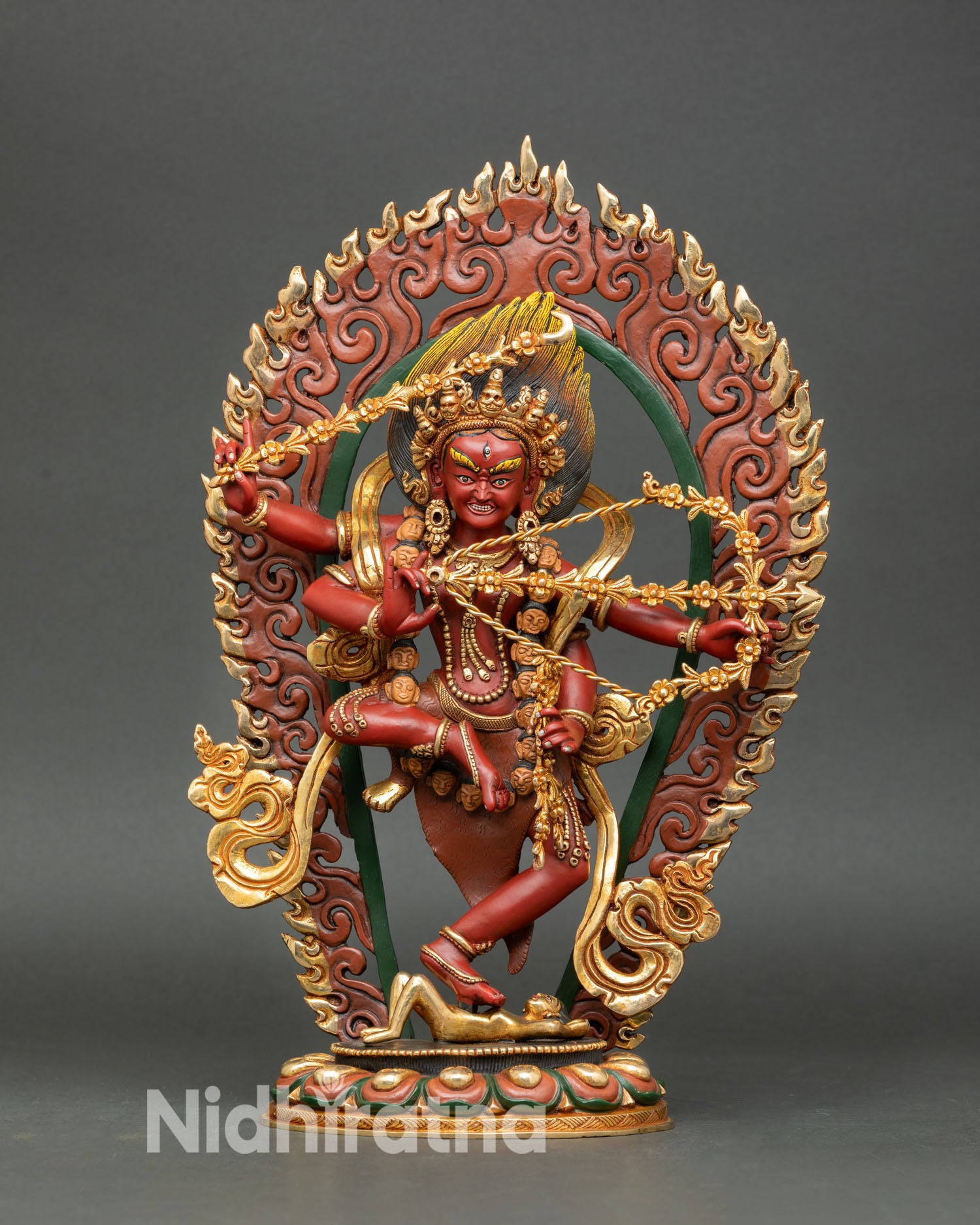 Front view of Kurukulla statue magnetizing energy dakini copper gold gilded handmade Nepal Newari artisan Buddhist sculpture altar decor