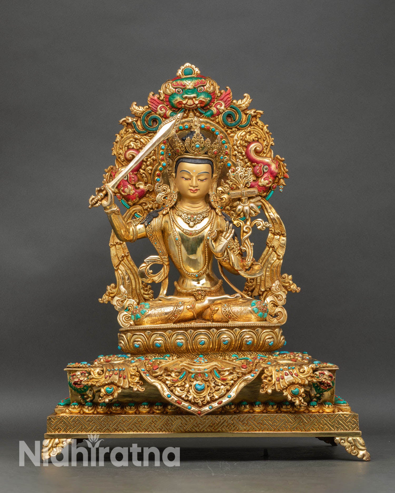 life-size manjushri statue on royal throne, 24k gold fire-gilded copper