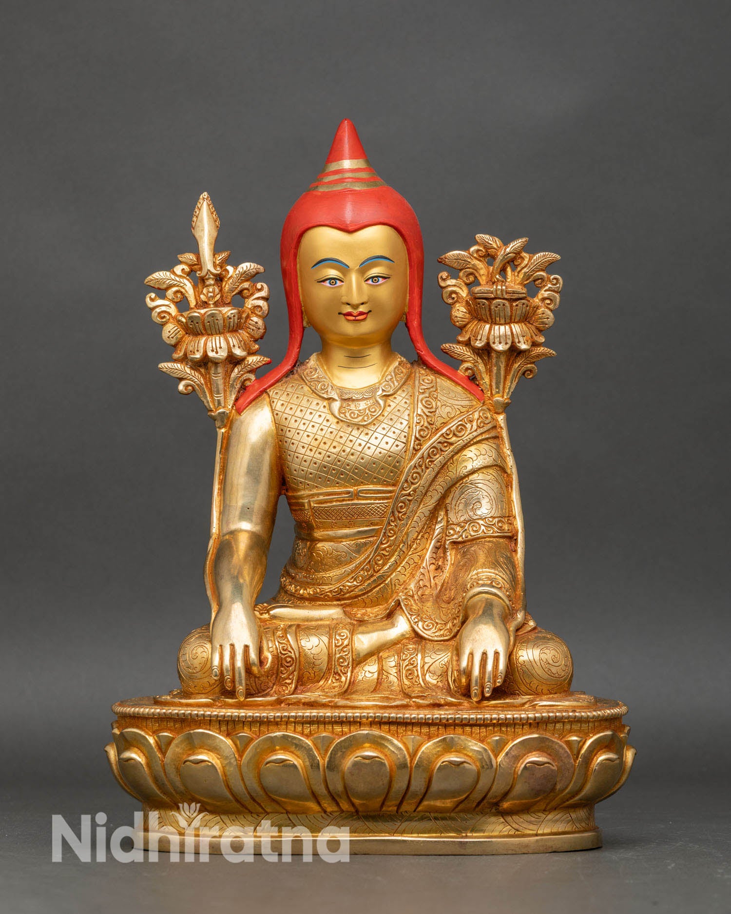 Front view of Longchenpa statue, gold fire gilded finish, Nepalese Buddhist art.
