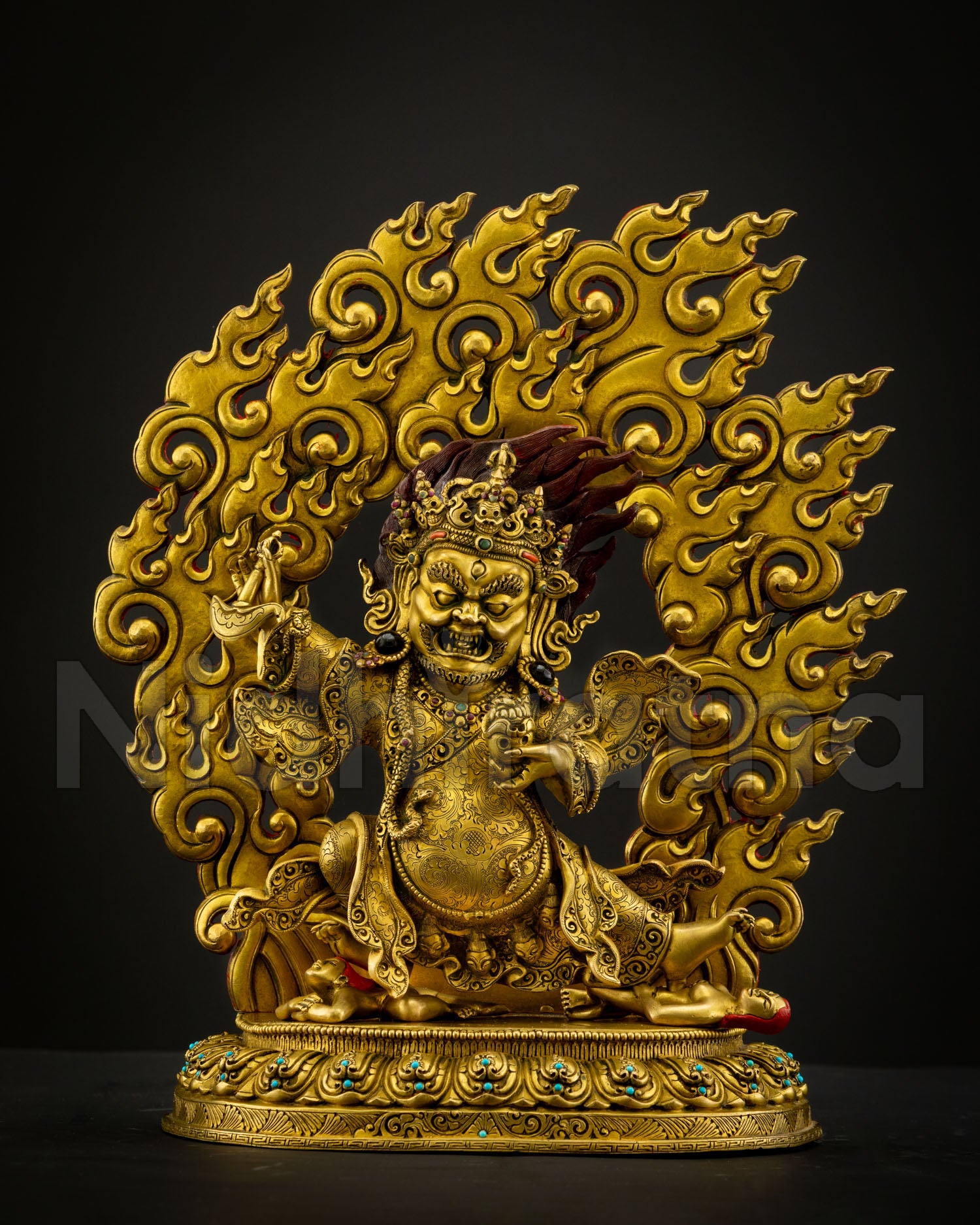 Front view of Mahakala Bernagchen statue, 24K gold gilded Vajrayana Dharma Protector