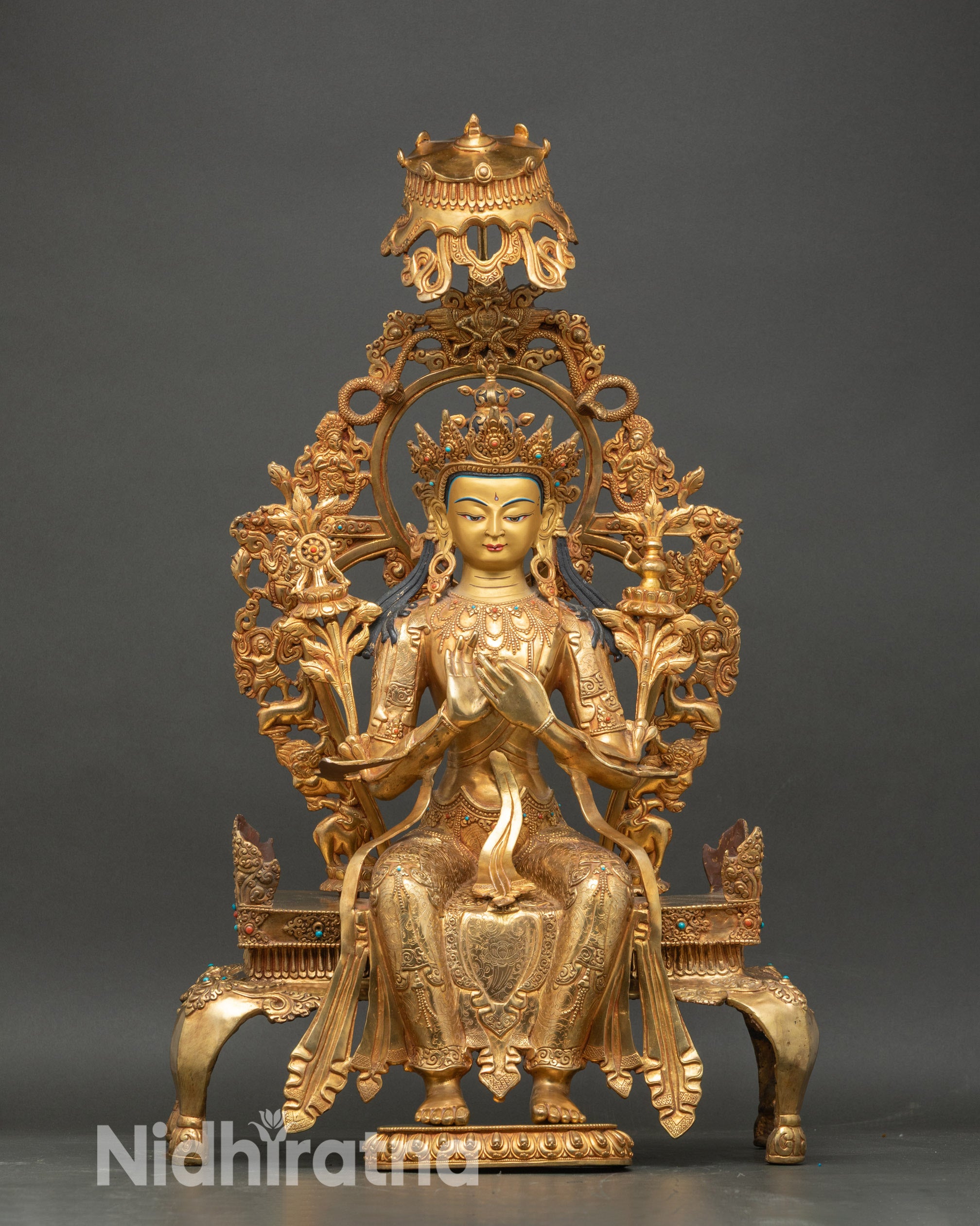 front view of maitreya buddha statue, 24k gold fire gilded, lotus throne