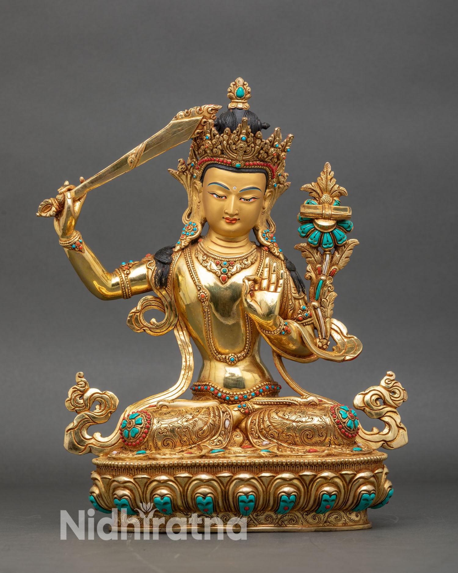 Front view Manjushree statue gold gilded copper double lotus pedestal Nepal