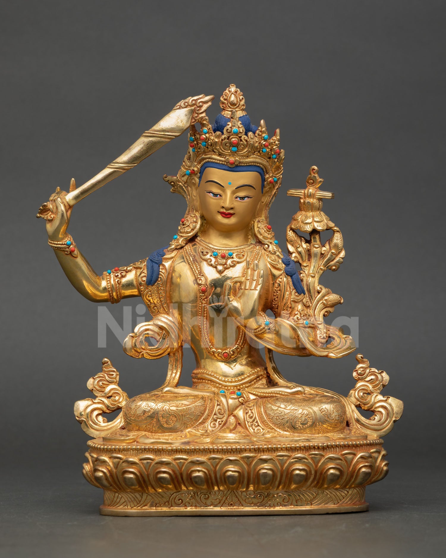Front View of Manjushree Statue, handcrafted in copper with gold gilding lost wax casting Nepal, Bodhisattva of Wisdom