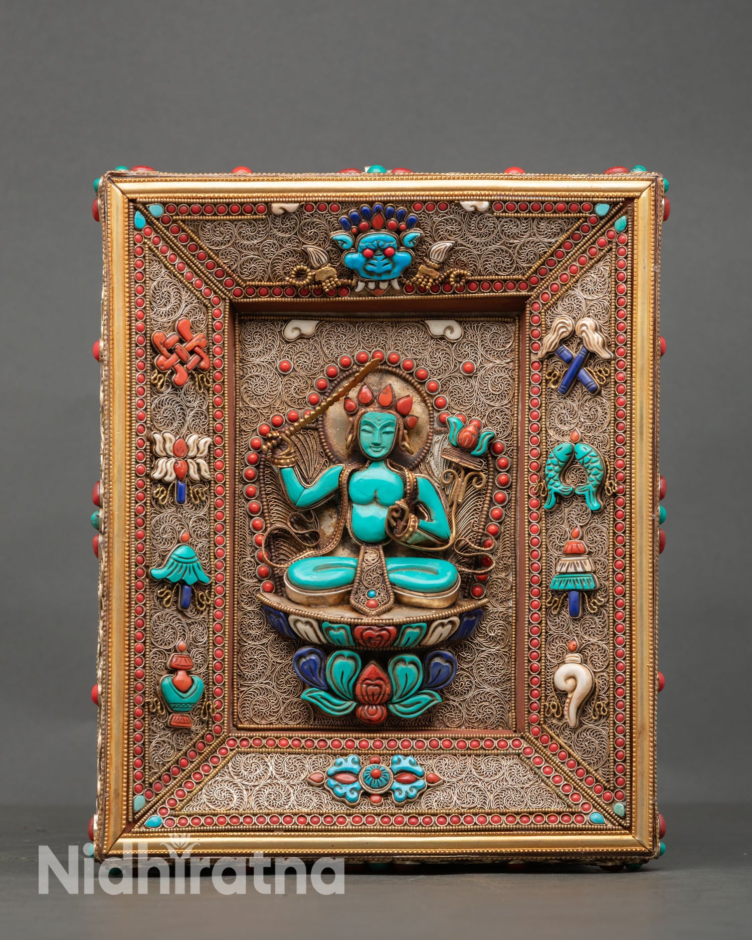 Front view of Manjushree wall hanging, copper wisdom deity art, handcrafted in Nepal