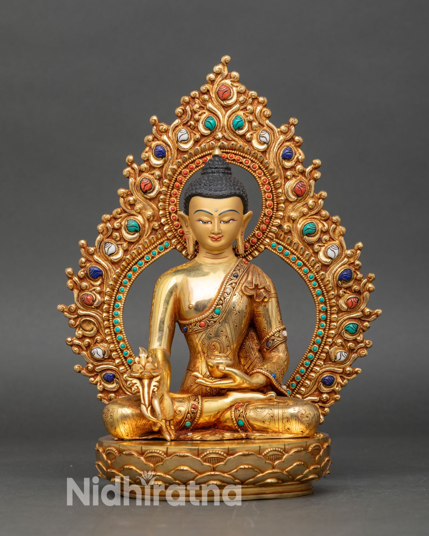 Front view Medicine Buddha Bhaisajyaguru statue gold gilded copper lotus throne