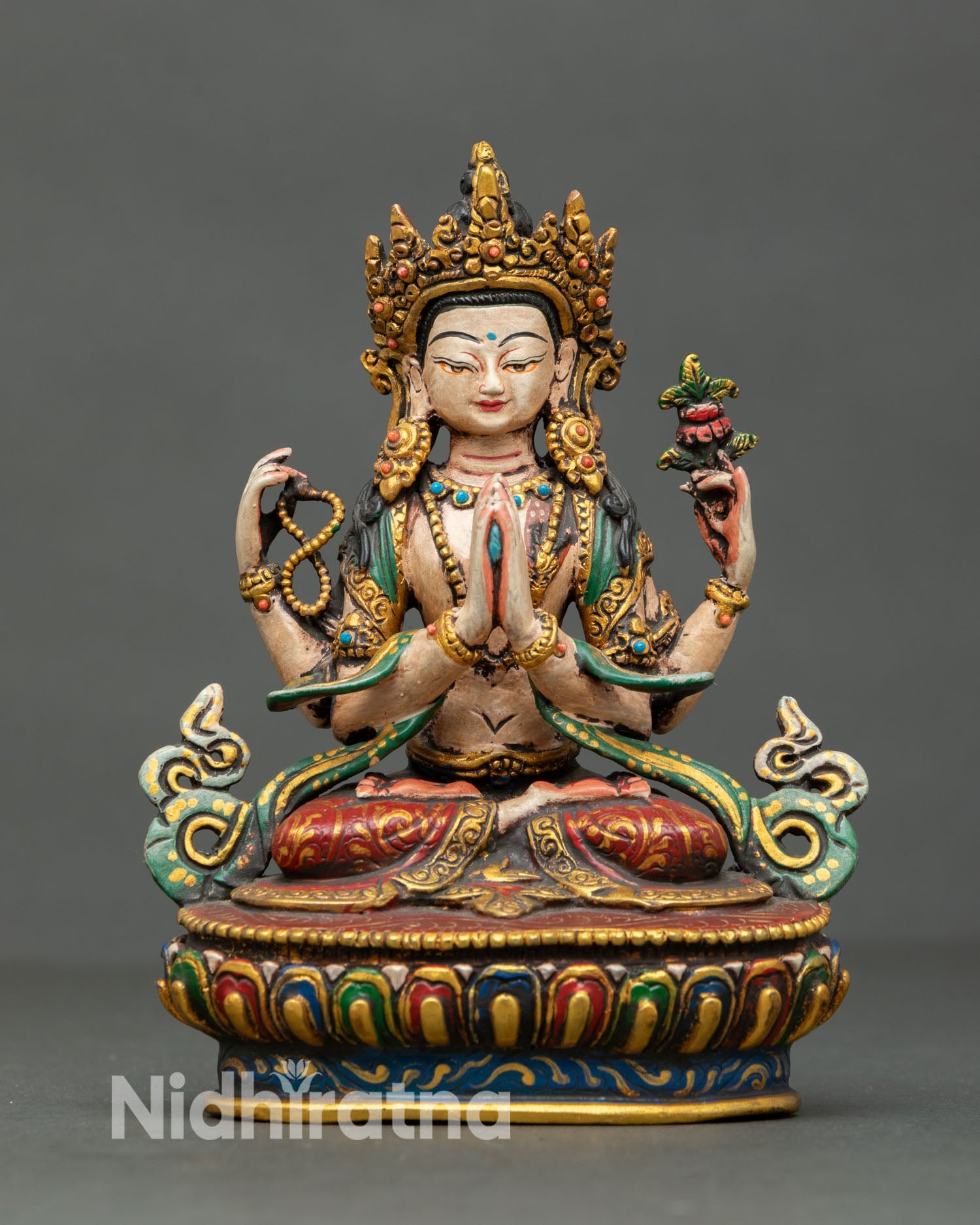 front view mini chenrezig copper statue bodhisattva of mercy with four arms and sacred gem details