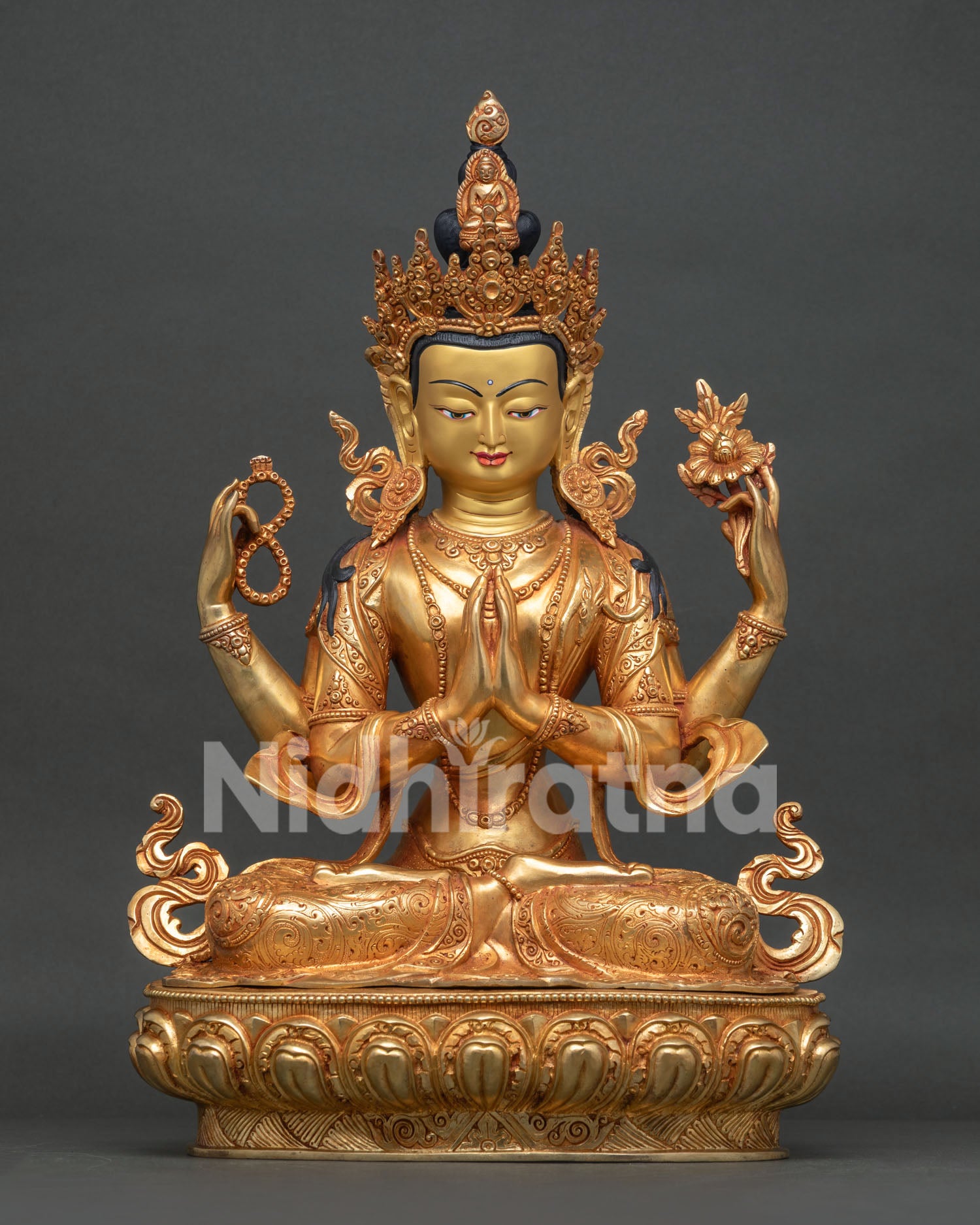 Front view of 24K gold-gilded Chenrezig statue, four-armed Avalokiteshvara copper statue from Nepal